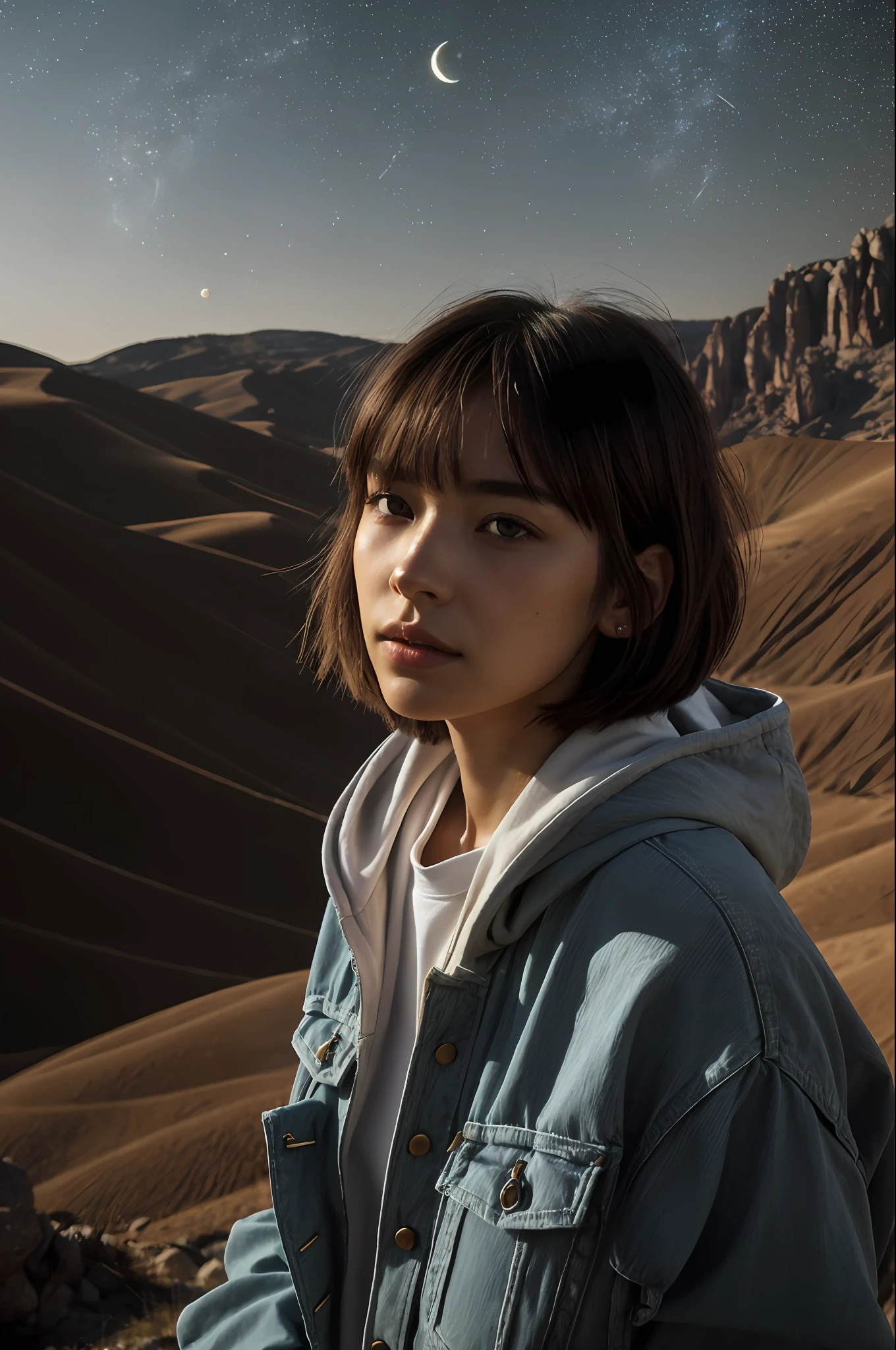 ((top quality, 8k, masterpiece: 1.3)), Japan women (1, 20 years old, very detailed face and skin and hair texture, detailed eyes, double eyelids, white skin, beautiful delicate nose, light hair color, bob cut hair, wearing earth colored hoodie, wearing denim pants, wearing mountain boots), overhead camera, sharp focus: 1.2, while emphasizing the subject's hair, eyes, mouth, action, pleasing to the eye and suggestive composition. ⠀
ground, outdoor, (night), mountain, nature, (stars, moon) cheerful, wind, happy, backpack, tent, bonfire, forest, river, smoke, shadow, contrast, clear sky, style, (warm shades, warm tones), pleasant to the eye, while exuding melancholy emotions, characterized by a contrasting mix of calm tones and light and shadow, with dynamic angles, It is a thought-provoking composition.