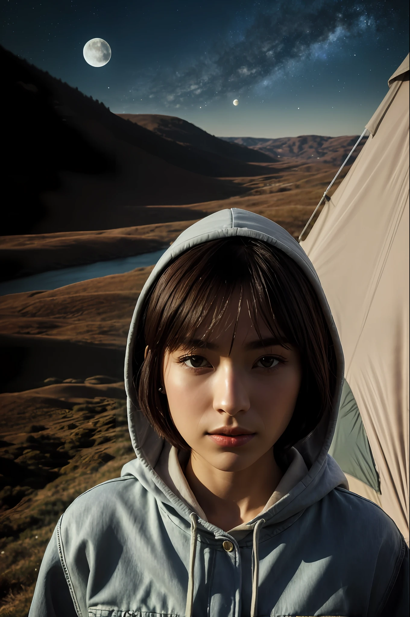 ((top quality, 8k, masterpiece: 1.3)), Japan women (1, 20 years old, very detailed face and skin and hair texture, detailed eyes, double eyelids, white skin, beautiful delicate nose, light hair color, bob cut hair, wearing earth colored hoodie, wearing denim pants, wearing mountain boots), overhead camera, sharp focus: 1.2, while emphasizing the subject's hair, eyes, mouth, action, pleasing to the eye and suggestive composition. ⠀
ground, outdoor, (night), mountain, nature, (stars, moon) cheerful, wind, happy, backpack, tent, bonfire, forest, river, smoke, shadow, contrast, clear sky, style, (warm shades, warm tones), pleasant to the eye, while exuding melancholy emotions, characterized by a contrasting mix of calm tones and light and shadow, with dynamic angles, It is a thought-provoking composition.