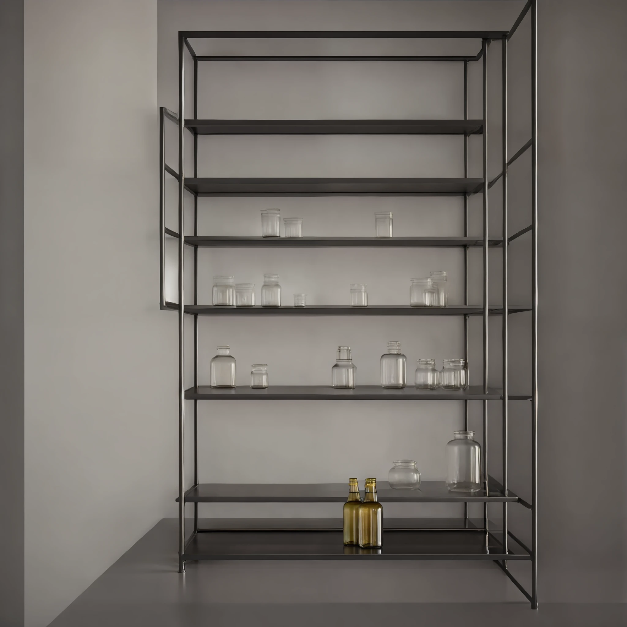 A kitchen with an iron shelf with bottles and jars on it, black wrought iron shelves, five floors of space, real light and shadow, super clear, 8k, HDR, incredible detail, hyper-realism