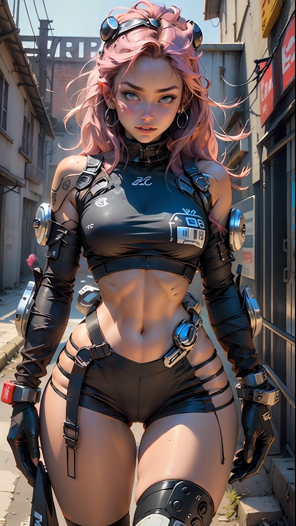 Woman body defined thick thighs cybernetic body parts, short underwear