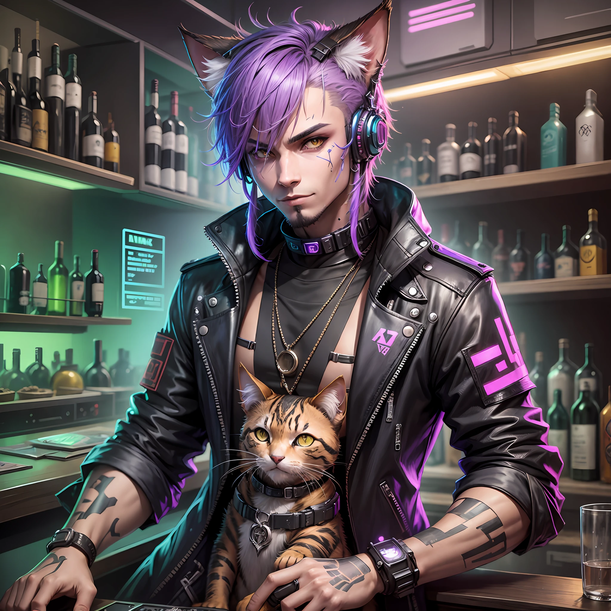 cyberpunk male tabaxi bartender, half cat, cyberpunk clothes --auto --s2