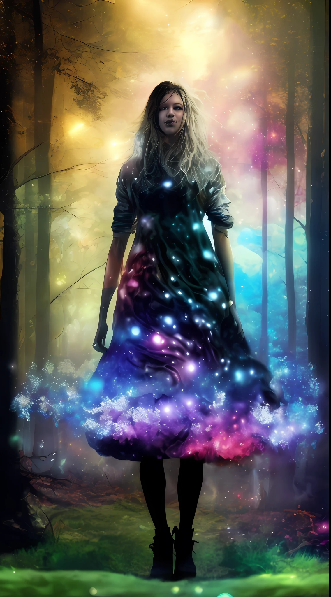 Incredible and spectacular scene, a "((high quality)), (detailed)), ((fantasy)), illustration, perspective (45 degree tilt angle), theme (enchanted forest style), scene elements (handsome boy, beautiful girl), picture quality (3D rendering effect), exquisite details, beautiful lights "emerge from glowing clouds, fractal nebula lines, cosmic entities, celestial bodies, universes, vibrant and vivid, swirling, rotating, impractical, high contrast, co-metabolic, magical, mysterious, mysterious, surreal, Oversaturated, colorful