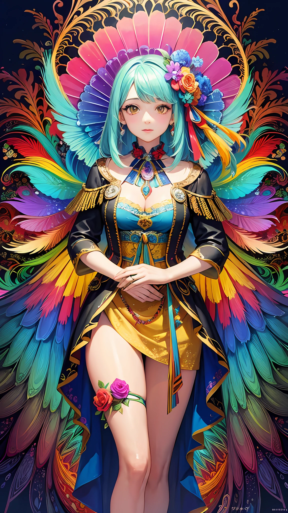 colorful flowers, feather, (masterpiece, top quality, best quality, official art, beautiful and aesthetic:1.2), (1girl:1.3), (fractal art:1.3),