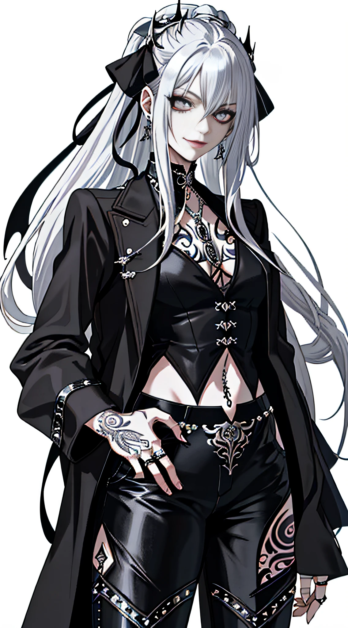Masterpiece, high quality, rich in details, anime girl with long hair and tattoos, 1 7 - anime gothic girl, detailed anime character art, gothic shoujo anime girl, full body art, he wears silver-black mirrored leather trousers, the style is similar to a tattoo, he wears an open-belly short suit, decorated with a snake as a symbol, this figure has long silver-white hair, looks very cool, has a bit of a devilish atmosphere, gothic girl aesthetics, badass look, evil smile, has tattoos, neo-gothic, has rings, bracelets, earrings and necklaces