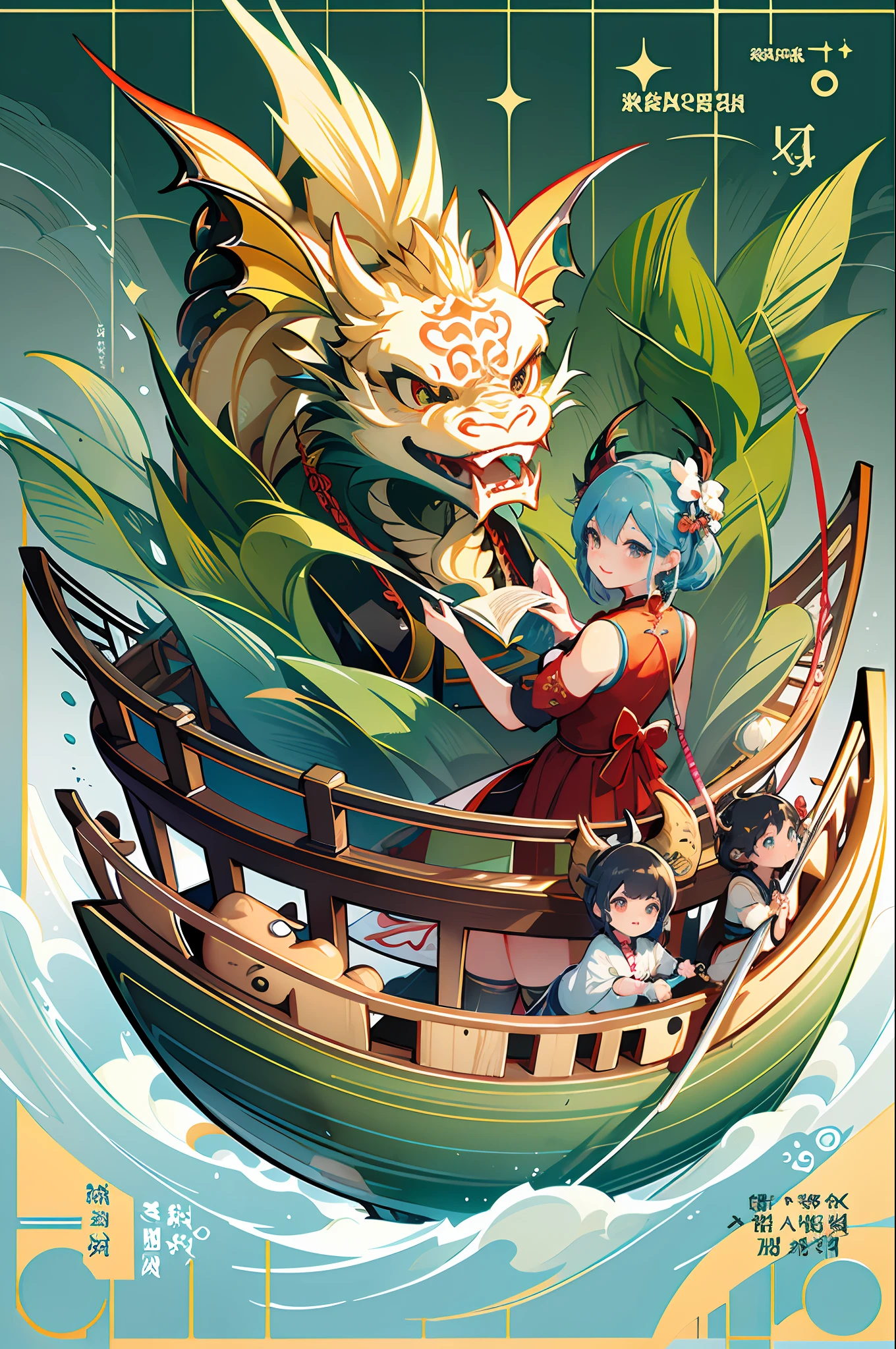 Highest image quality, poster design, typography, Chinese Dragon Boat Festival poster, dragon boat, zongzi, rice, boat, cute toy shaping style, Unreal Engine 5, soft dream scene, cute character design, classic color matching, storybook illustration, 4D movie atmosphere rendering