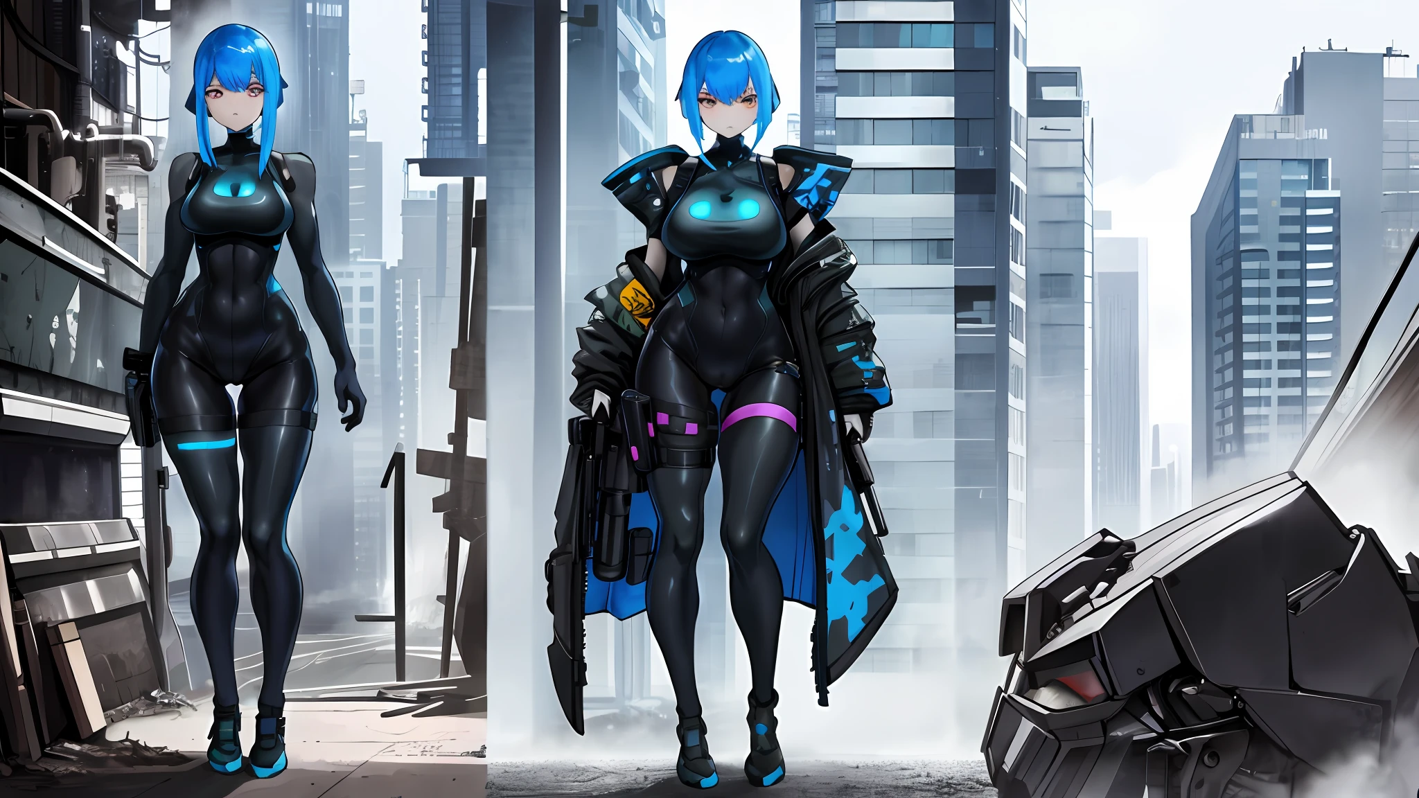 (1girl) wide hips, standing, bulletproof vest, cyberpunk, dystopia, ghost in the shell, blue camo, blue body armor, full body shot, whole body, solo, cleavage, cleavage cutout, bike shorts, exposed legs, bare legs, exposed thighs, bare thighs, exposed knees, exposed calves, nsfw, nude, naked, sexy, tight clothes, skintight, exposed shoulders, exposed stomach, exposed hips, city skyscraper, street, tower, apartment, glowing eyes