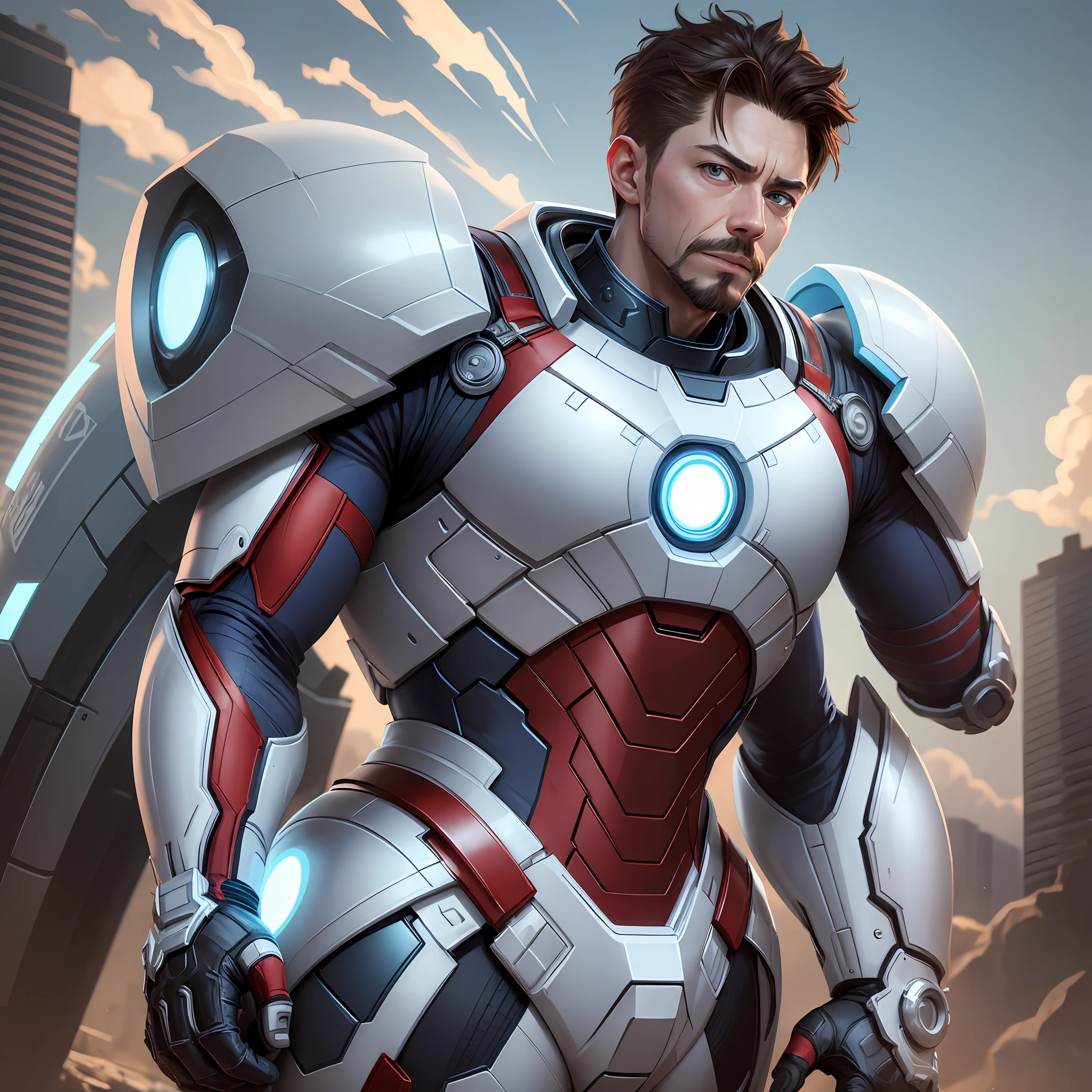 Tom Holland, Tony Stark, MIX, white armor with tires, light blue neon, armor-like appearance