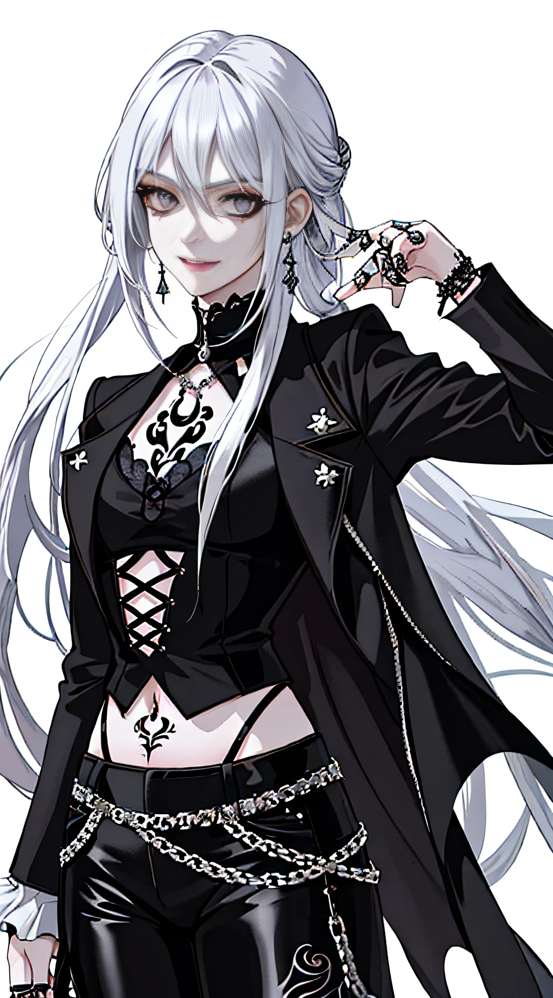 Masterpiece, high quality, rich in details, anime girl with long hair and tattoos, 1 7 years old - anime gothic girl, detailed anime character art, gothic shoujo anime girl, full body art, he wears silver-black mirrored leather trousers, tattoo-like style, wears an open-belly short outfit, decorated with a snake as a symbol, this figure has long silver-white hair, looks very cool, has a little devilish atmosphere, gothic girl aesthetics, badass look, evil smile, neo-gothic, with rings, bracelets, earrings and necklaces