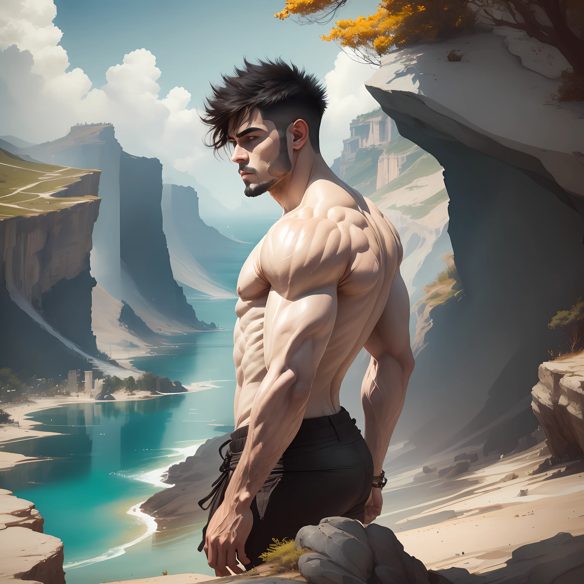 A strong man, with white skin, short black hair and brown eyes, muscular body, contemplating nature, in a paradisiacal setting, a cliff in the background, the sea, the sun on the horizon, leafy trees, a rainbow in the background. --auto --s2