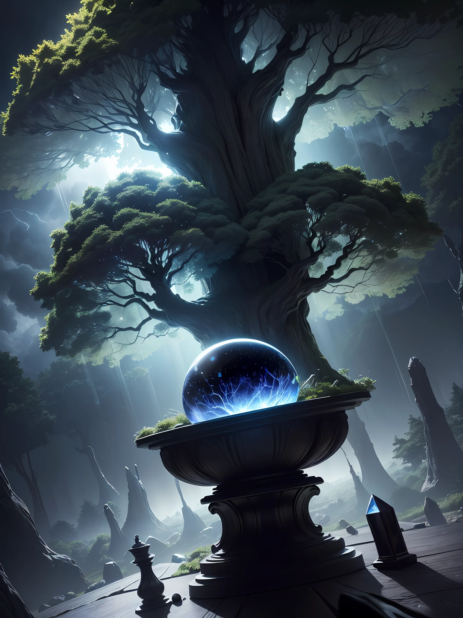 Ultra-realistic, 16K high resolution, (Max Sharp Focus: 1.3), (Max Close-up: 0.5), (Tree-shaped world tree trapped in a crystal perfect ball with pedestal on table: 1.7), (Light shining into a dark forest, dramatic, black clouds, lightning: 1.4)