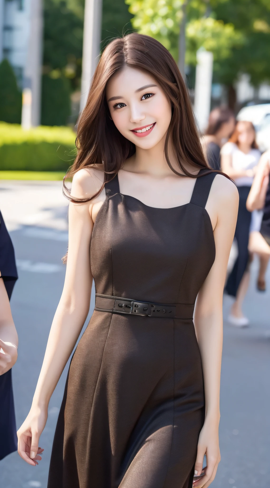 ((Best quality, 8k, Masterpiece :1.3)), 1girl, smiling, full body, slim face, Pretty woman, (Dark brown hair), full length dress :1.1, Ultra-detailed face, Detailed eyes, Double eyelid, blur background, slim face, city, outside, street,