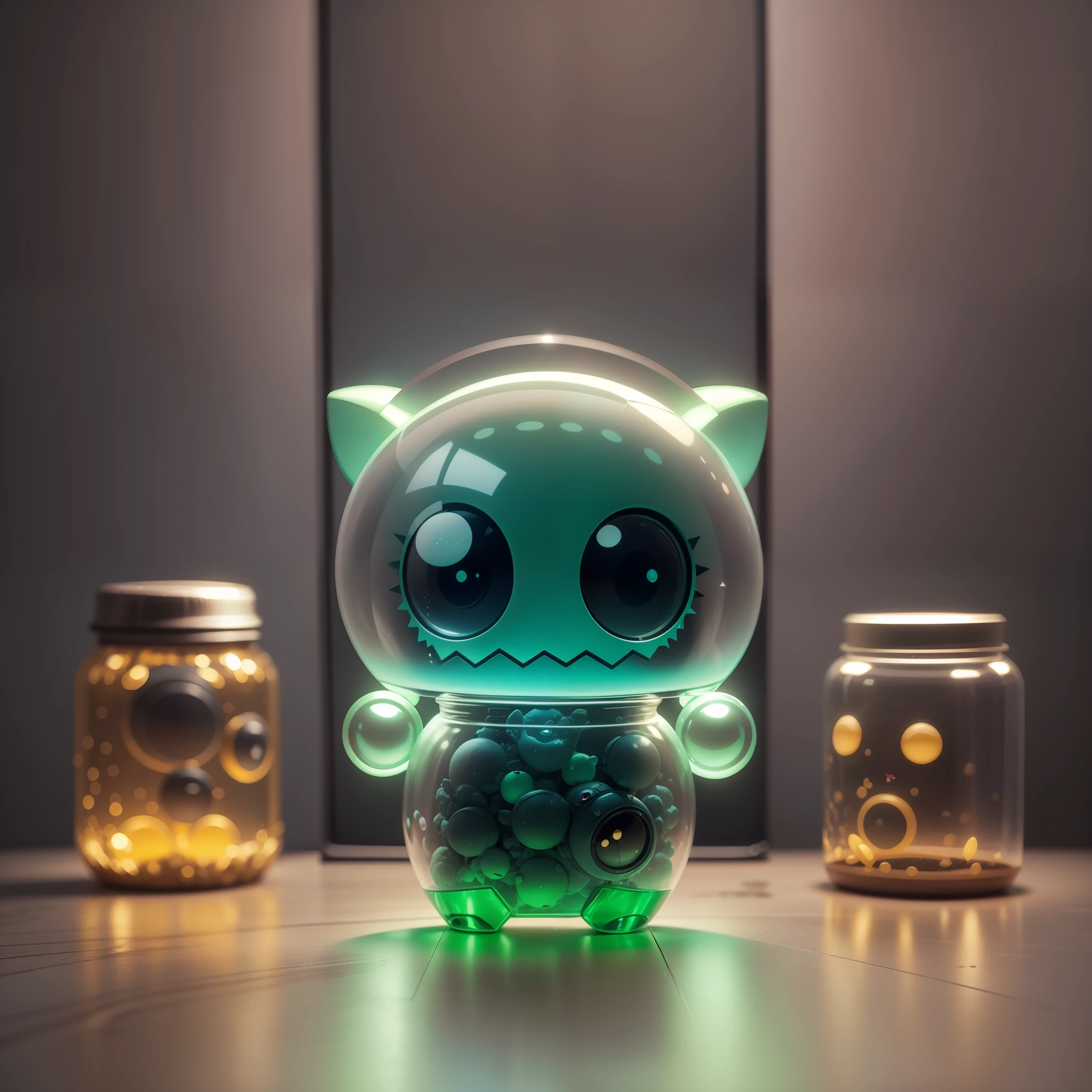 Super cute SCP Foundation Little Monster in glass bottle, full body 3D drawing, 1 cute, happy, c4d, pop matt blind box, glowing bubbles, toys, solid color background, chibi, fluorescent translucency, luminescence, kawaii, little monster, reference table, pop mart blind box, Pixar, complex details, 3d rendering, blender, OC renderer, fol body reference sheet, dribble, high details, 8K, Studio Lighting, Loli, Petite, Child, Chibi, SD characters: 1.1, Magic Space Warehouse background