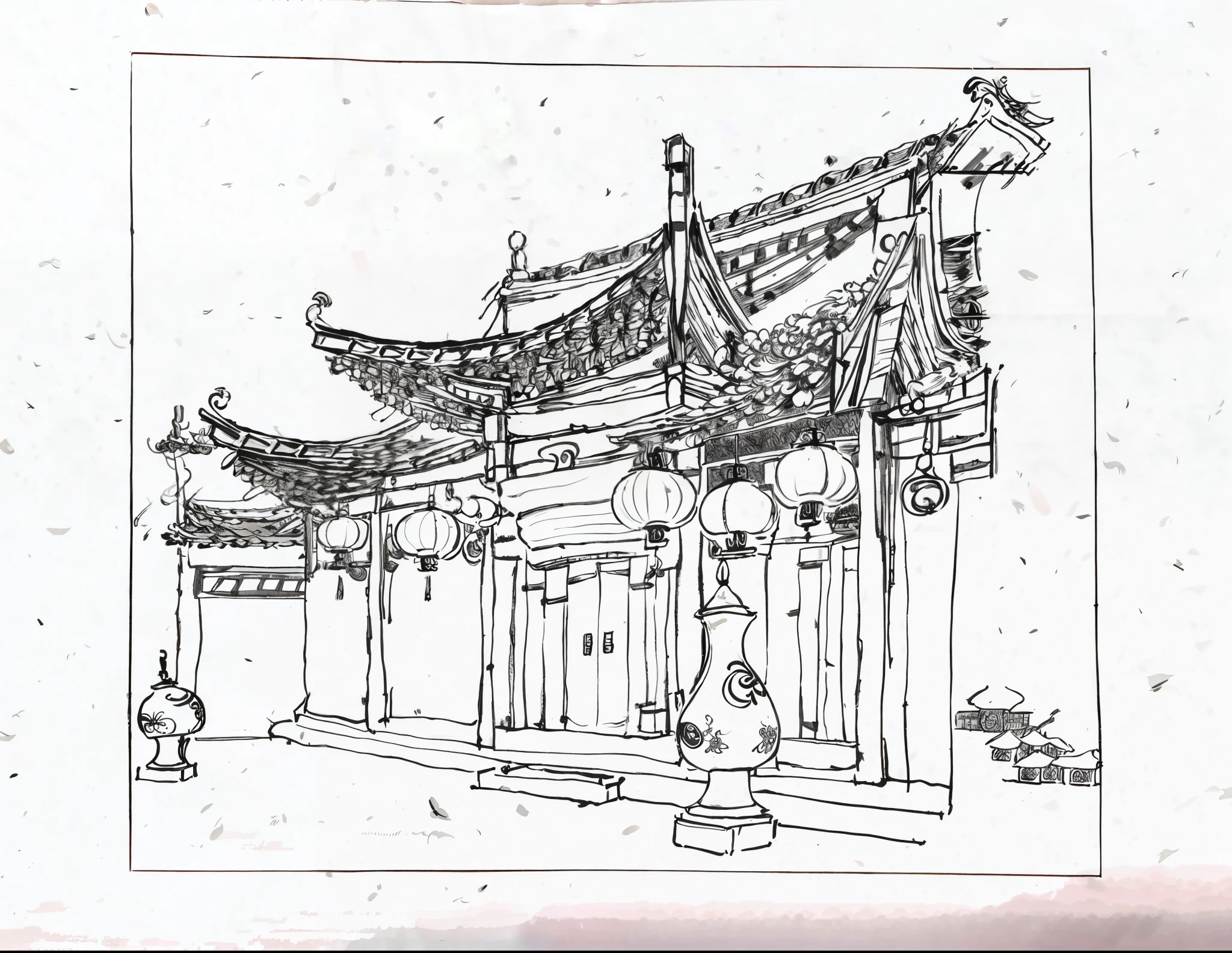 Drawing Chinese architecture with lanterns and clocks,,detailed line drawing,illustration,line sketch,,pen and ink illustration,Chinese architecture,detailed pen drawing,Chinese architecture,