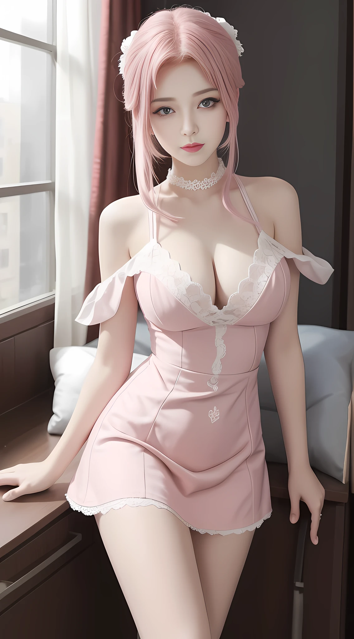 Masterpiece, best quality, reality, 1 girl, police, thin thighs, F cup , model figure, dress view, (PureErosFace_V1:0.6), pink hair