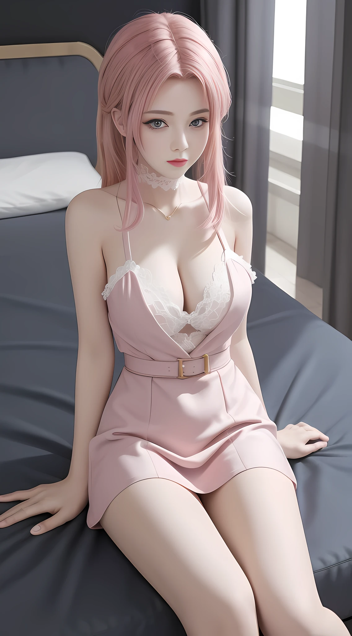 Masterpiece, best quality, reality, 1 girl, police, thin thighs, F cup breasts, model figure, dress view, (PureErosFace_V1:0.6), pink hair