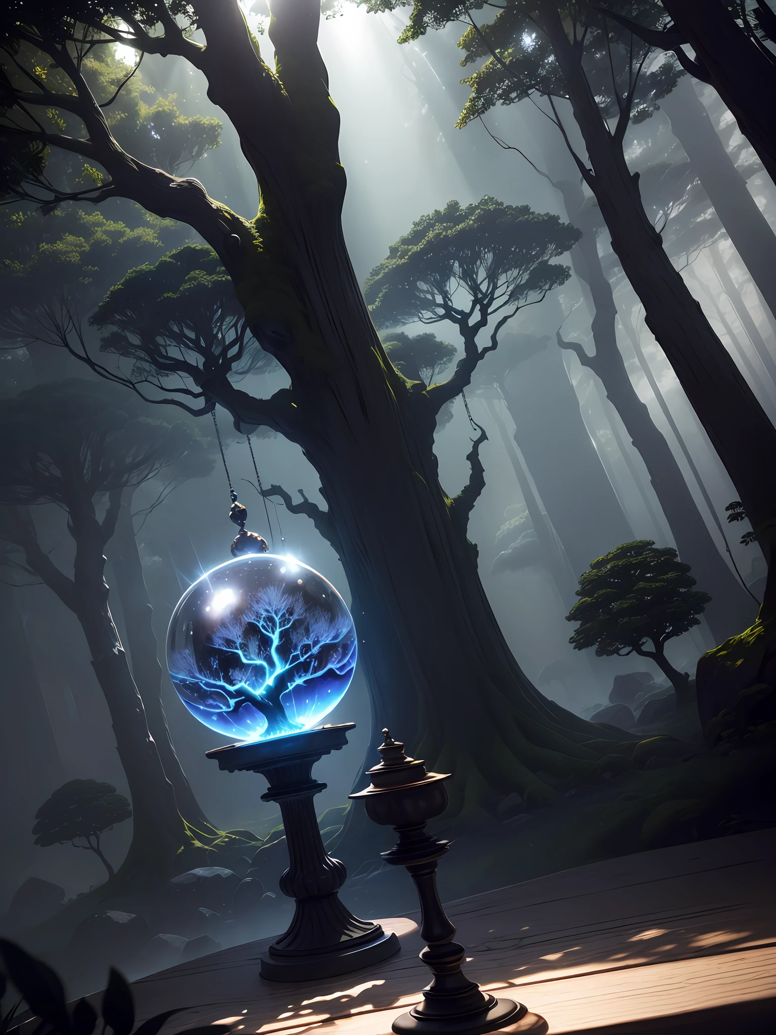 Ultra-realistic, 16K high resolution, (Max Sharp Focus: 1.3), (Max Close-up: 0.5), (Tree-shaped world tree trapped in a crystal perfect ball with pedestal on table: 1.7), (Light shining into a dark forest, dramatic, black clouds, lightning: 1.2)