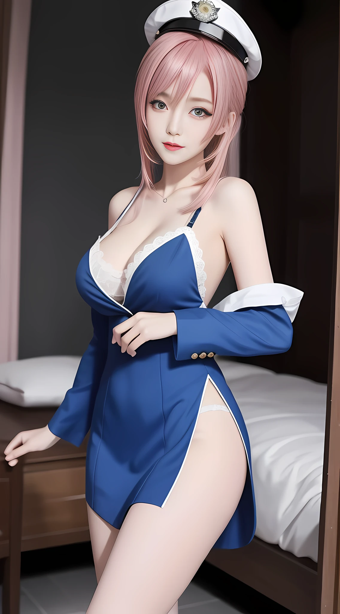 Masterpiece, best quality, reality, 1 girl, police uniform, slender thighs, F cup breasts, model figure, dress view, (PureErosFace_V1:0.6), pink hair