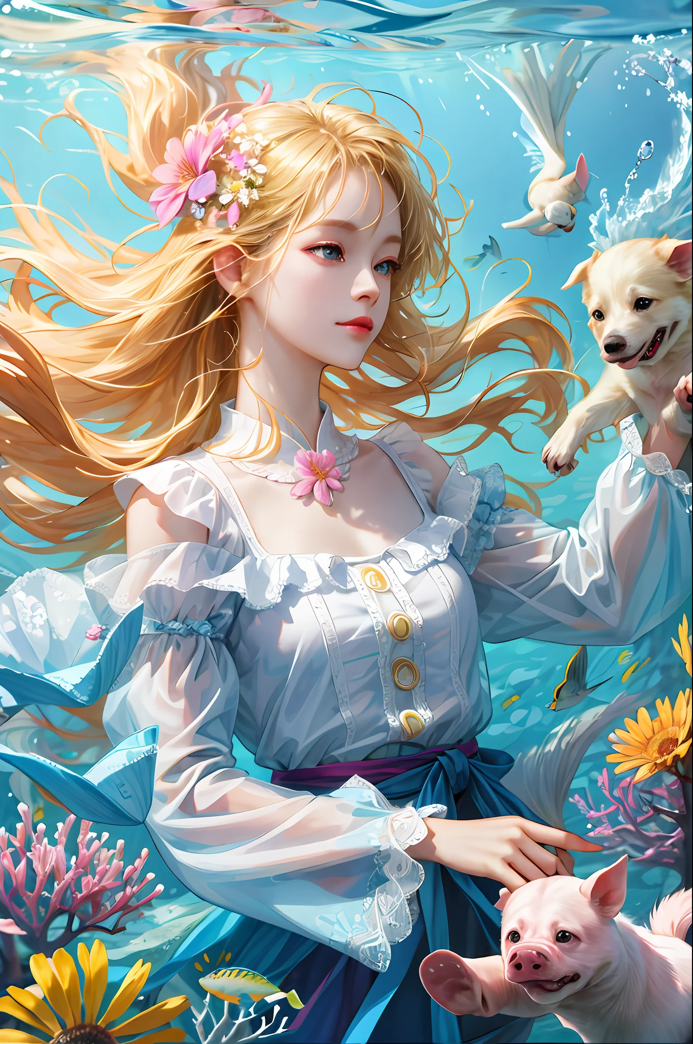 (Ridiculous, High Resolution, Ultra Detailed), 1 Cute Floating Dog, 1 Cute Floating Pig, Solo, Mature, (Short Blonde), Fanatic, Long Sleeves, Elegant, Holy, Colorful, Supreme Detail, Underwater, Floating Hair, Flower, Back, Upper Body