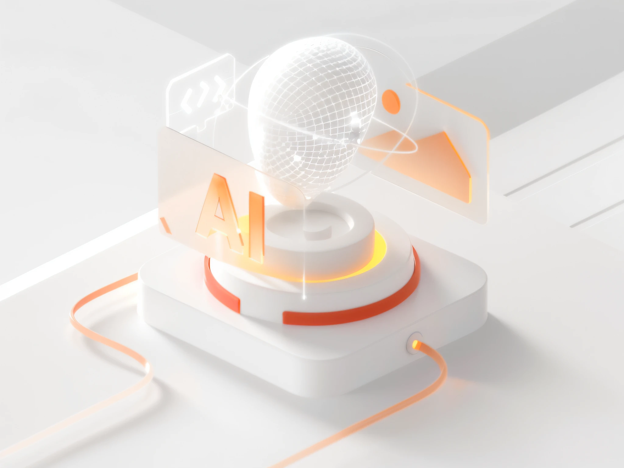 there is a white and orange object with a wire on it, with ai theme, endless collaboration with ai, depicted as a 3 d render, icon for an ai app, c 4 d style, the ai, 3 d illustration, 3d illustration, ai startup, 3 d illutration, rendered in cinema4d, rendered in cinema 4 d