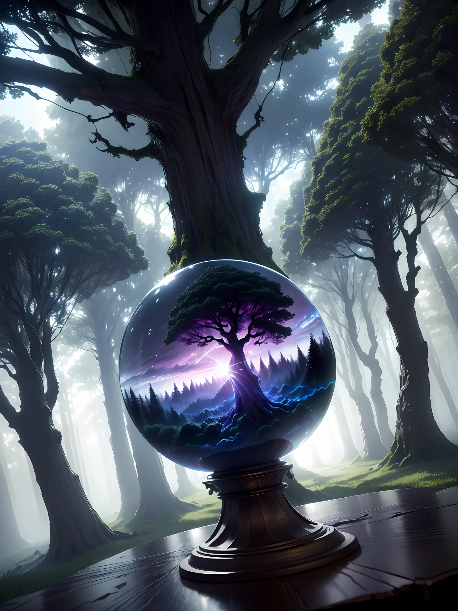 Ultra-realistic, 16K high resolution, (Max Sharp Focus: 1.3), (Max Close-up: 0.5), (Tree-shaped world tree trapped in a crystal perfect ball with pedestal on table: 1.7), (Light shining into a dark forest, dramatic, black clouds, lightning: 1.2)