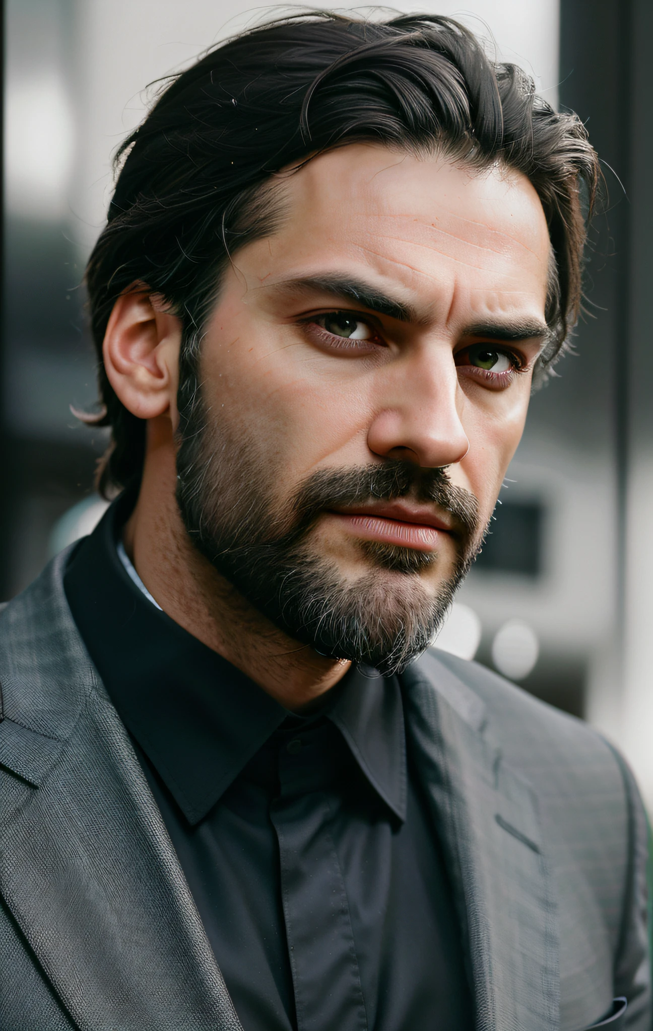 man, serene expression, piercing look, dark hair, well-groomed beard, elegant suit, gray hair, depth of field, cinematic lighting, ray tracing, Fujicolor, framed, 50mm, negative space, hyperrealism, realism, high detail, 8k, UHD, retina, masterpiece, accurate, high details, high quality, best quality, award-winning
