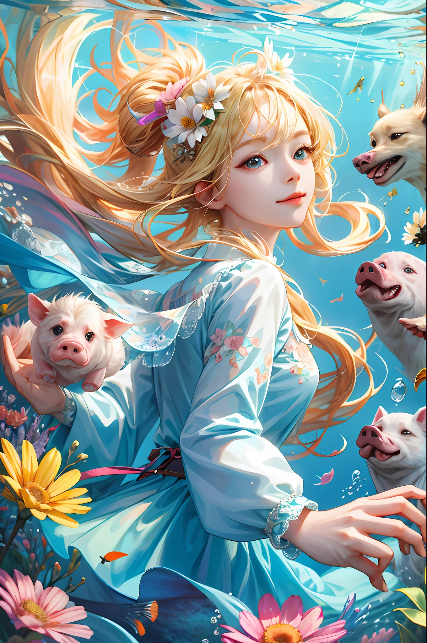 (Ridiculous, High Resolution, Ultra Detailed), 1 Cute Floating Dog, 1 Cute Floating Pig, Solo, Mature, (Short Blonde), Fanatic, Long Sleeves, Elegant, Holy, Colorful, Supreme Detail, Underwater, Floating Hair, Flower, Back, Upper Body