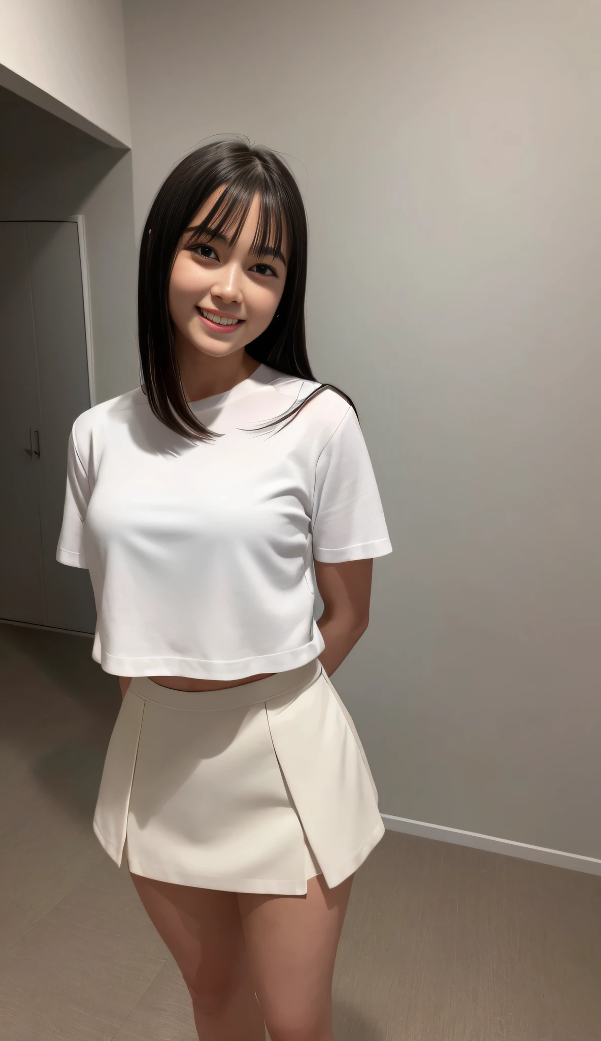 (8k, highest quality, masterpiece: 1.2), (realistic, photorealistic: 1.37), super detailed, beauty, cute, solo, standing, (smile: 1.15), (closed mouth), black hair, fine beautiful eyes, big, white shirt, (short hair: 1.2), skirt, floating hair NovaFrogStyle, room without windows, white background, no shadows, full body, smile, oblique face, Legs, arms, full head, people cropped, face lighting, dating sites