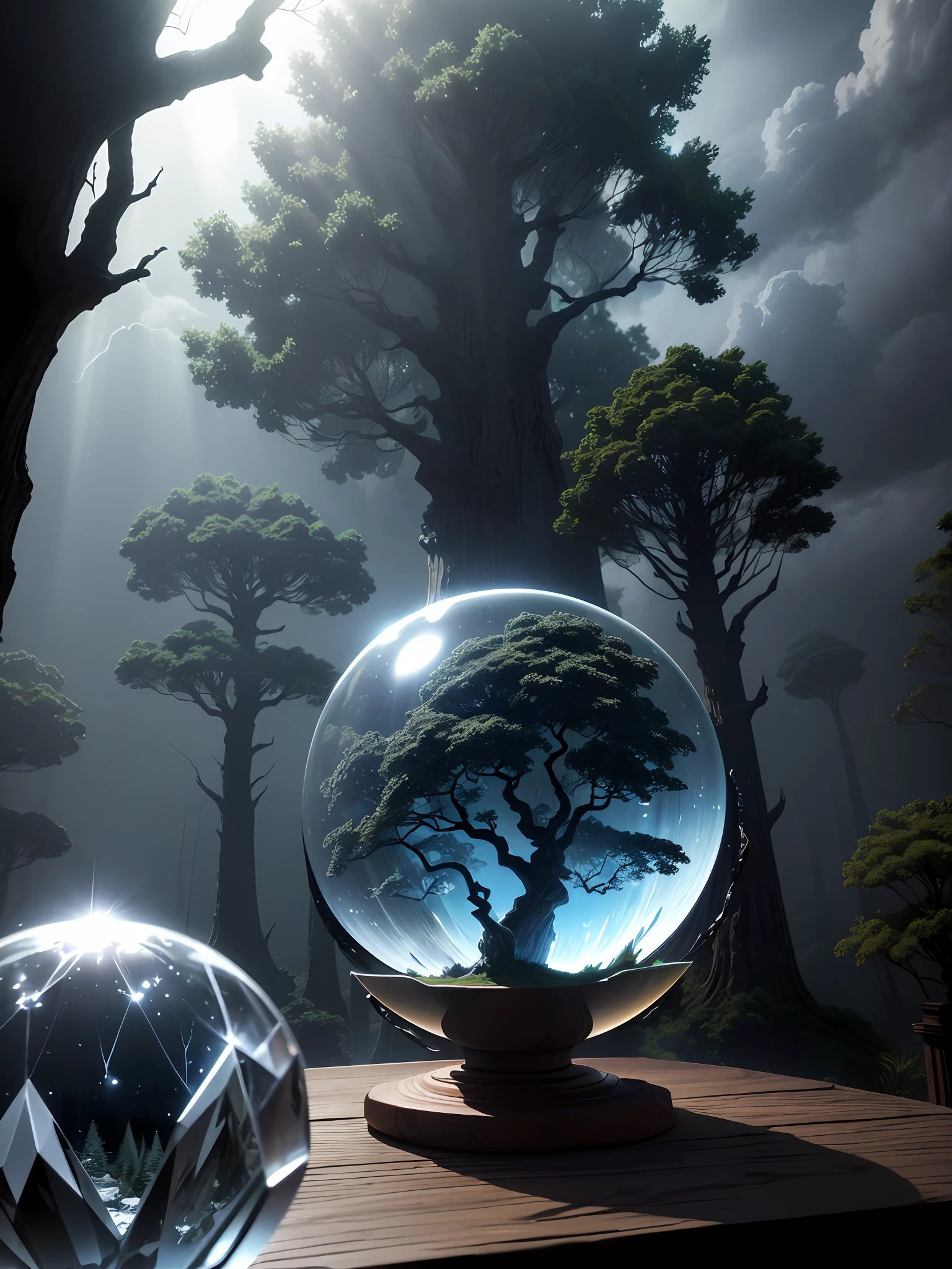 Ultra-realistic, 16K high resolution, (Max Sharp Focus: 1.3), (Max Close-up: 0.5), (Tree-shaped world tree trapped in a crystal perfect ball with pedestal on table: 1.7), (Light shining into a dark forest, dramatic, black clouds, lightning: 1.2)