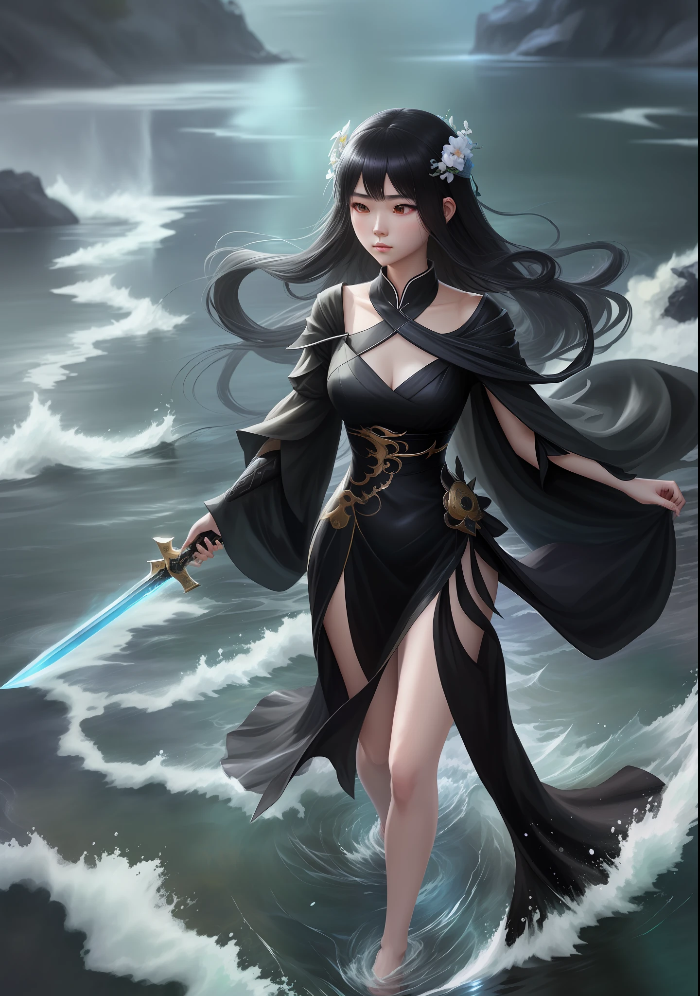 anime girl in black dress walking in the water with a sword, by Yang J, flowing magical robe, by Zhou Fang, by Fan Qi, inspired by Ai Xuan, style of artgerm, full body xianxia, black - haired mage, by Shen Zhou, anime girl wearing a black dress, by Leng Mei, artgerm and ruan jia