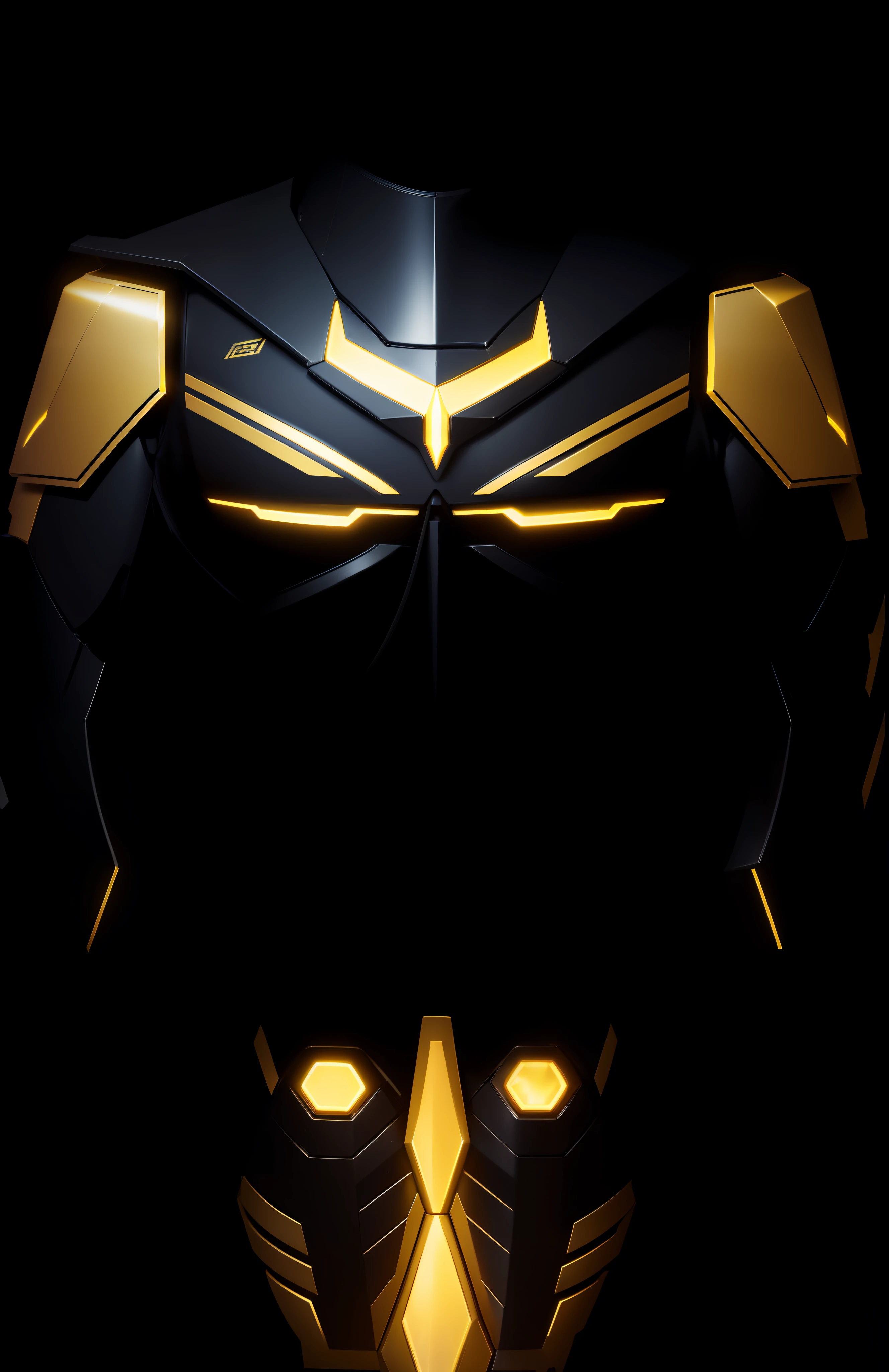 a close up of a robot with a star on its chest, intricate glowing mecha armor, glowing lights in armor, sleek glowing armor, clothed in ethereal battle armor, glowing line cracks in armor, gold obsidian armor, light coming off of the armor, black armor with yellow accents, heavy gold obsidian armor, shinning armor, shiny hi tech armor --auto --s2