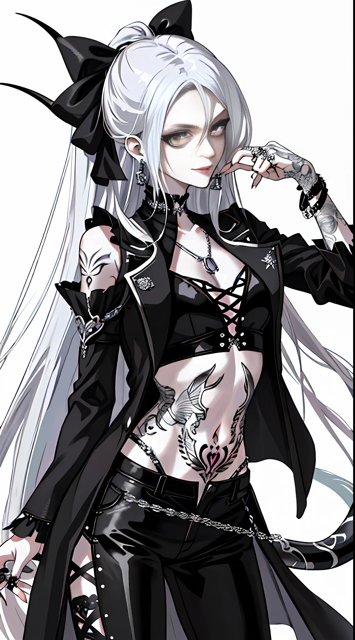 Masterpiece, high quality, rich in details, anime girl with long hair and tattoos, 1 7 years old - anime gothic girl, detailed anime character art, gothic shoujo anime girl, full body art, he wears silver-black mirrored leather trousers, tattoo-like style, wears an open-belly short outfit, decorated with a snake as a symbol, this figure has long silver-white hair, looks very cool, has a little devilish atmosphere, gothic girl aesthetics, badass look, evil smile, neo-gothic, with rings, bracelets, earrings and necklaces