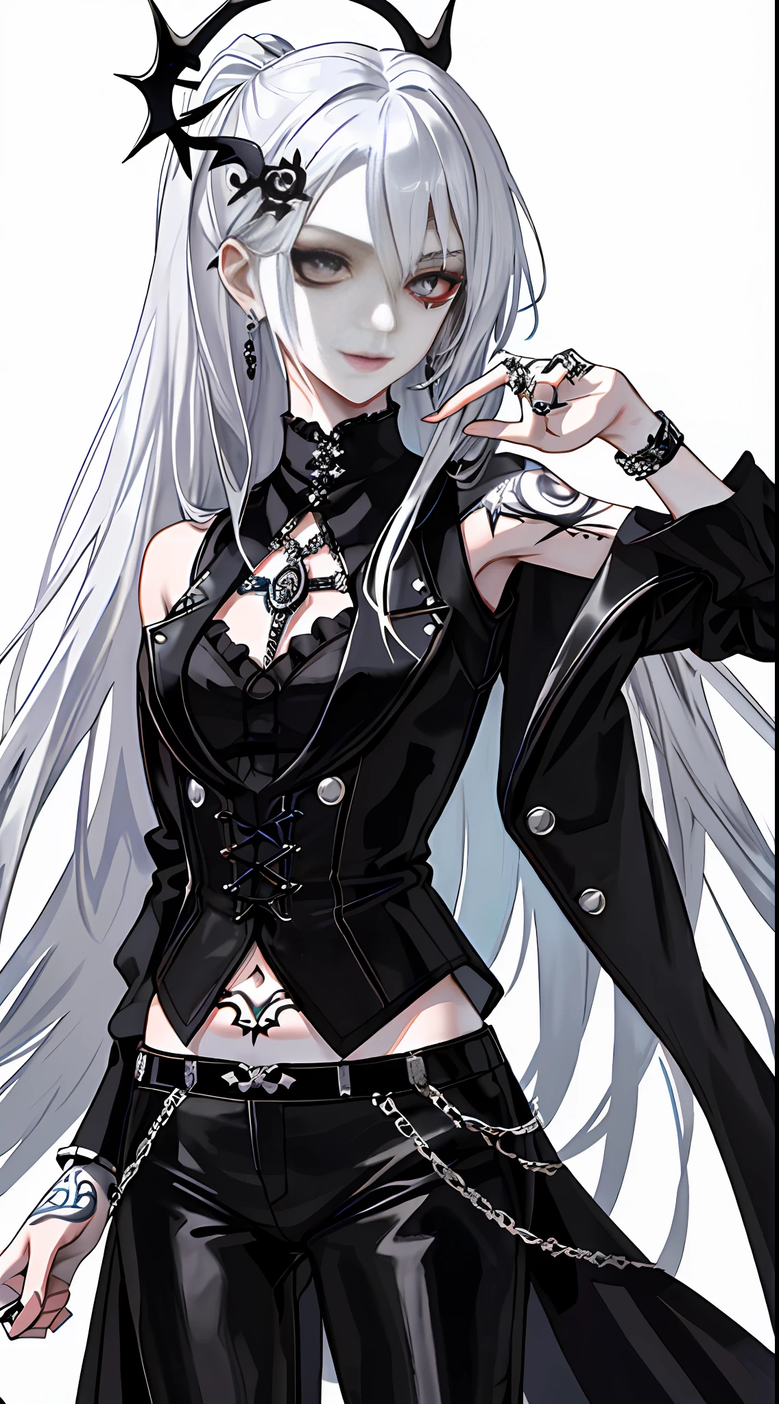 Masterpiece, high quality, rich in details, anime girl with long hair and tattoos, 1 7 years old - anime gothic girl, detailed anime character art, gothic shoujo anime girl, full body art, he wears silver-black mirrored leather trousers, tattoo-like style, wears an open-belly short outfit, decorated with a snake as a symbol, this figure has long silver-white hair, looks very cool, has a little devilish atmosphere, gothic girl aesthetics, badass look, evil smile, neo-gothic, with rings, bracelets, earrings and necklaces