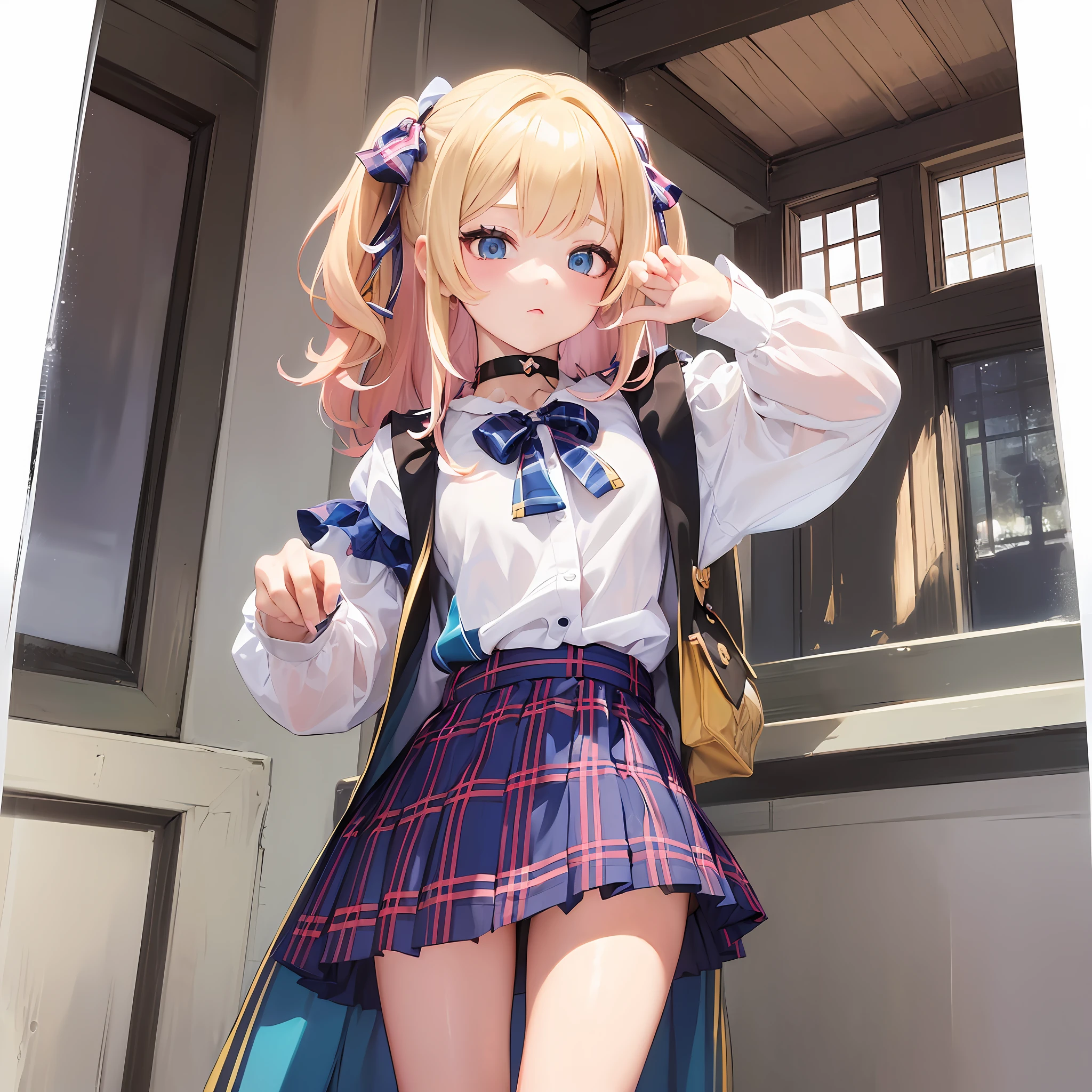 ((masterpiece), (top quality), loli, high detail, 8k, blonde hair with pink locks, 1girl, full body, details, blue plaid skirt, white button-down blouse, choker, petite, --auto --s2
