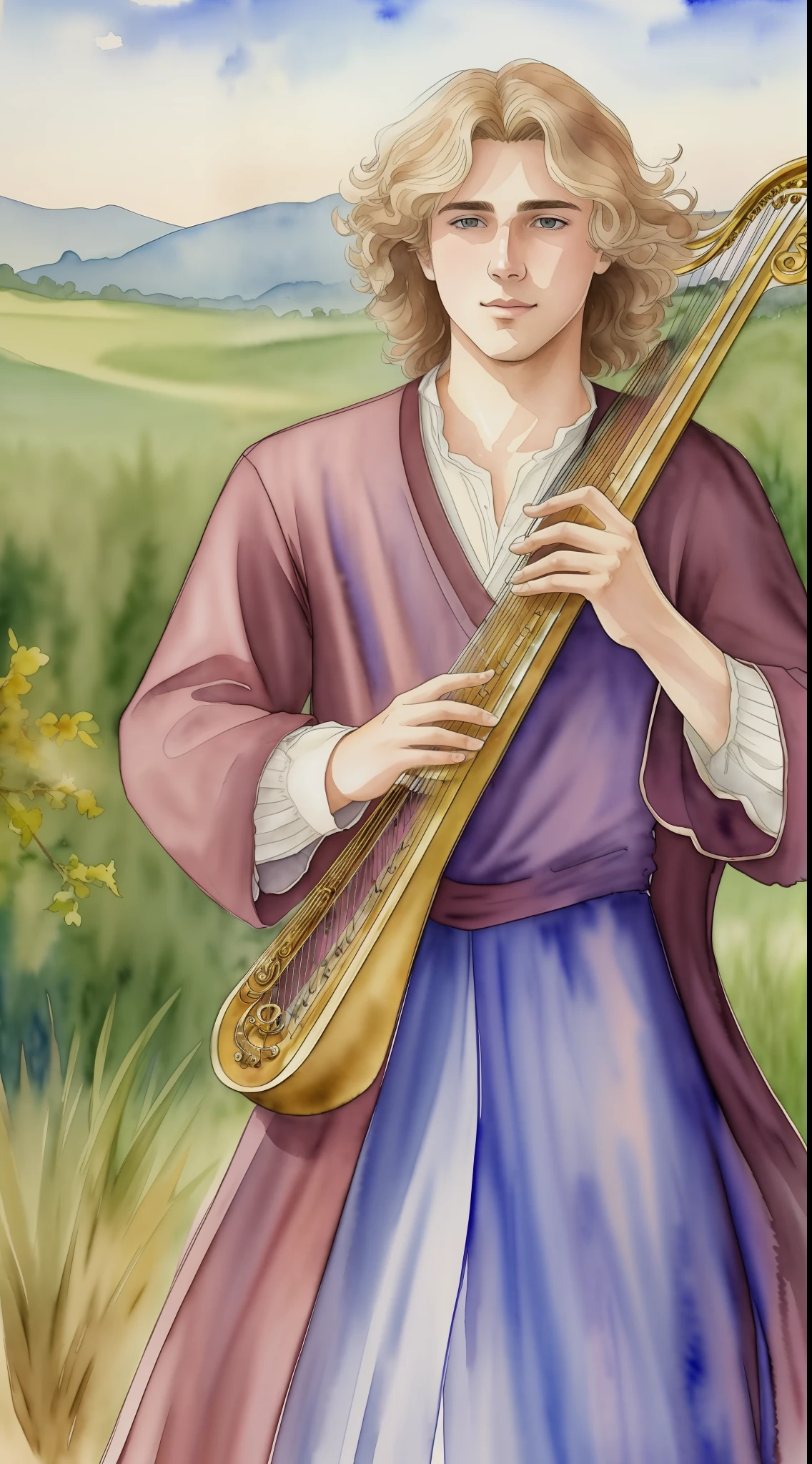 (Watercolor: 1.4), the best possible quality, 8K, handsome 18-year-old with wavy blonde hair gently plays a hand harp, wearing noble and elegant garments while standing in the middle of a dreamy field, surrounded by the beauty of nature.