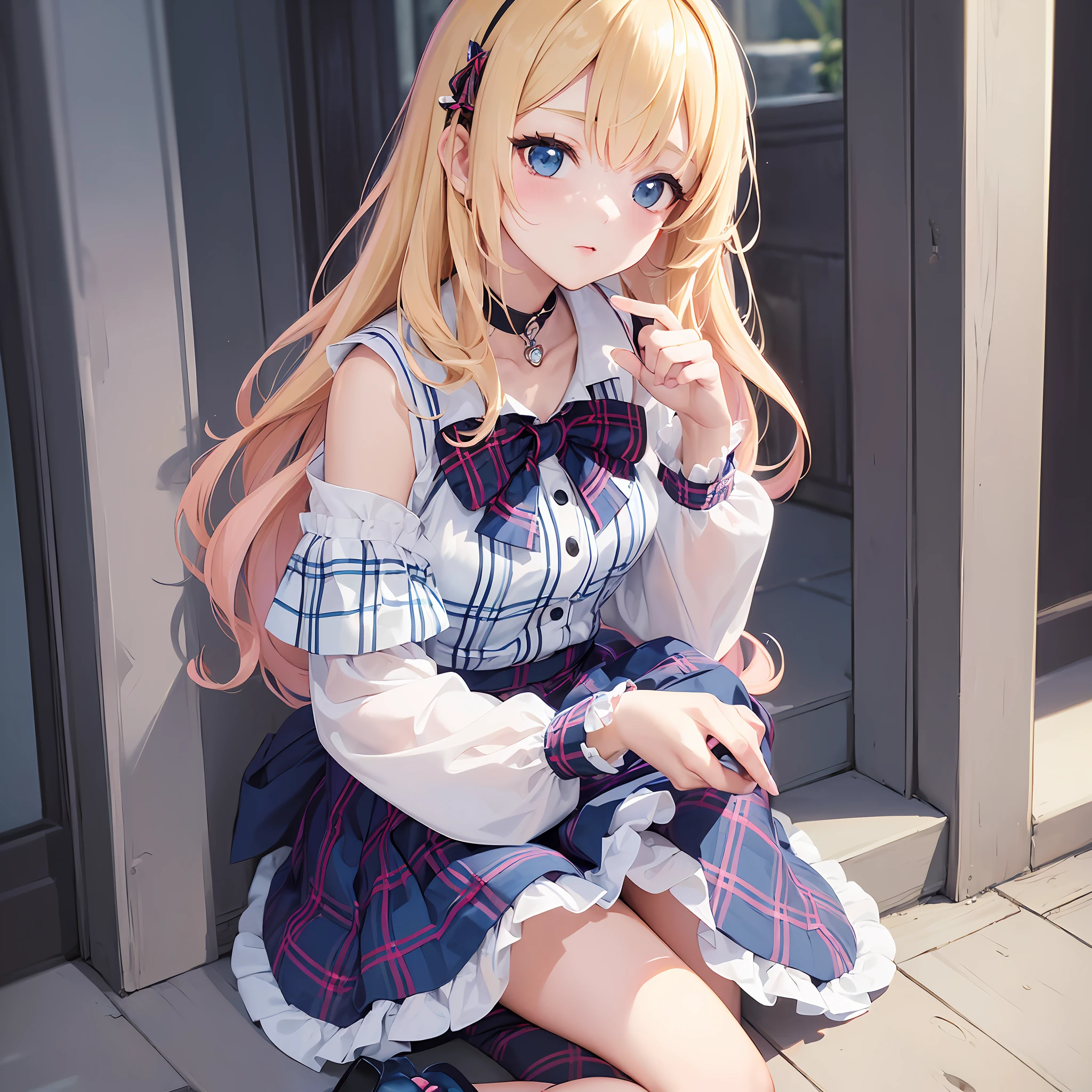 ((masterpiece), (top quality), li, high detail, 8k, blonde hair with pink locks, 1girl, full body, details, blue plaid skirt, white button-down blouse, choker, petite, --auto --s2
