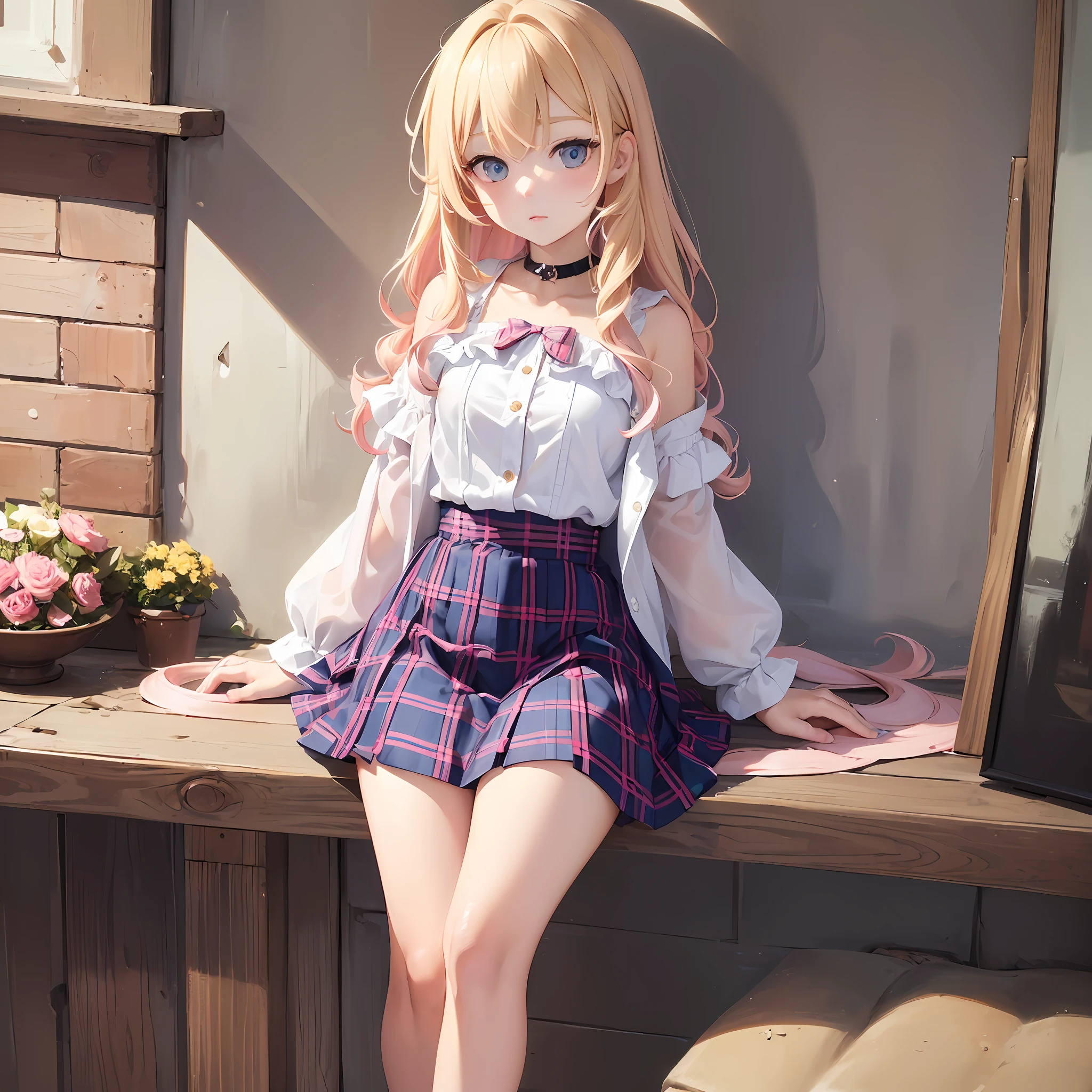((masterpiece), (top quality), loli, high detail, 8k, blonde hair with pink locks, 1girl, full body, details, blue plaid skirt, white button-down blouse, choker, petite, --auto --s2