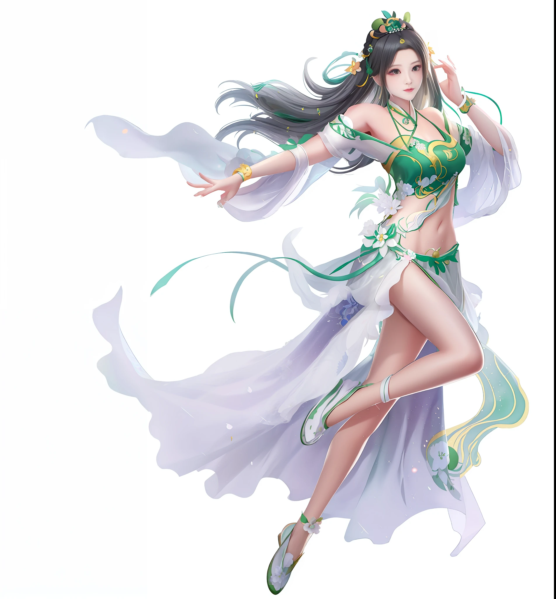 anime girl in a green and white dress with a flower in her hair, full body xianxia, a beautiful fantasy empress, by Qu Leilei, beautiful young wind spirit, inspired by Ju Lian, inspired by Lan Ying, yun ling, by Zhou Fang, by Yang J, by Leng Mei, by Li Song, yang qi, by Xie Sun