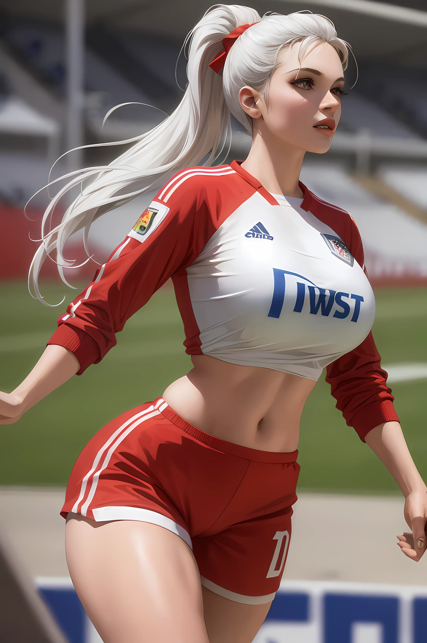 Masterpiece: 1.2, Best Quality), Realism, (Real Pictures, Intricate Details, Depth of Field), (Makeup, Lips Apart, High Detail, Perfect Face, (Huge Breasts: 1.4), (Skindentation), Thick Thighs, Wide Buttocks, Thin Waist, Tall, Coral Lips, White Hair, Red Eyes, Ponytail, (Girl Playing Soccer, White Soccer Jersey), Soccer Field, Sexy,