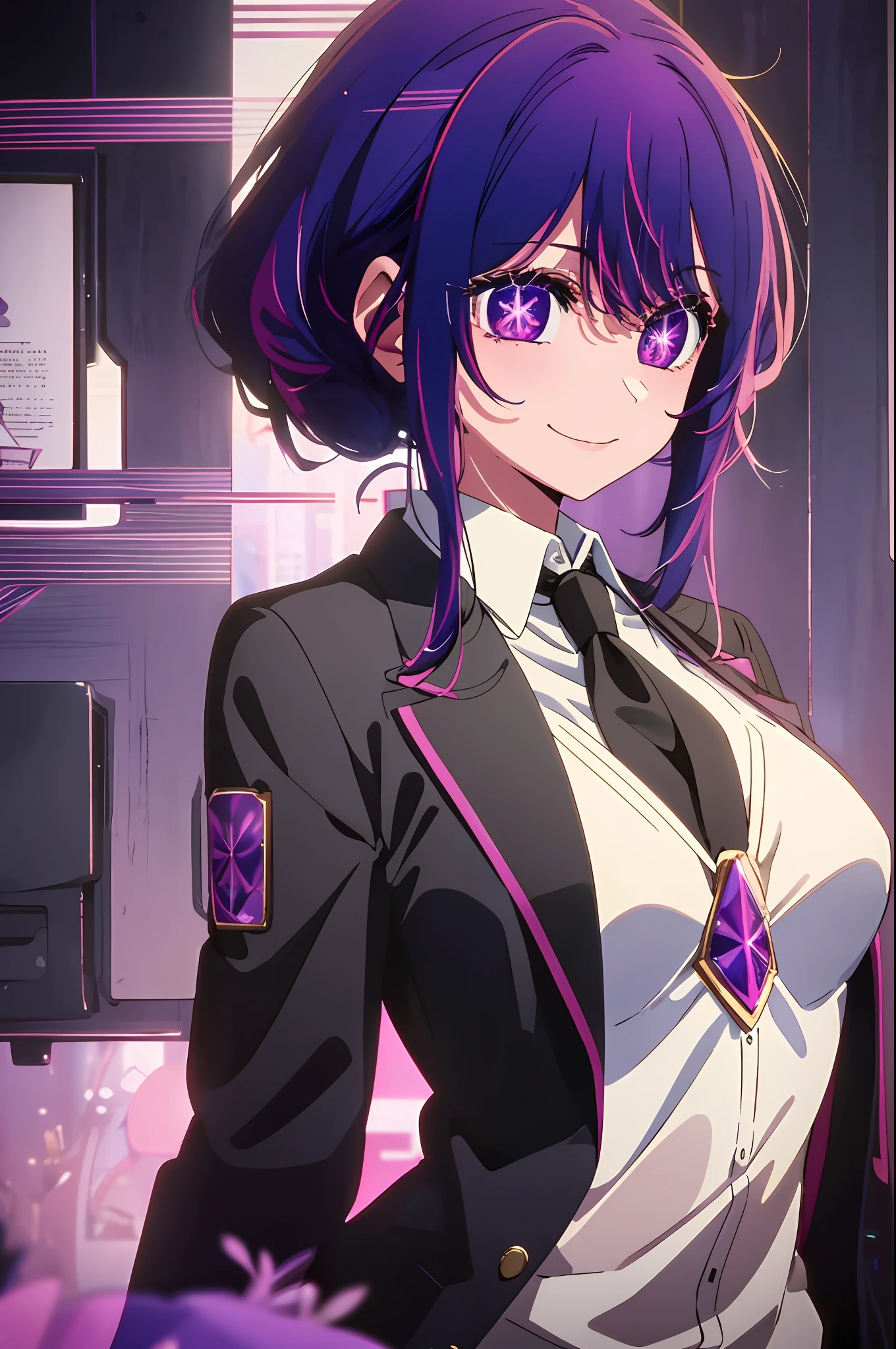 2d, masterpiece, best quality, anime, highly detailed, cowboy shot, 1girl, solo, black suit and tie, purple hair, purple galaxy hair, purple eyes, , looking at viewer, smile, bangs, Star symbol-shaped pupils, heart-shaped pupils, medium breast, black background