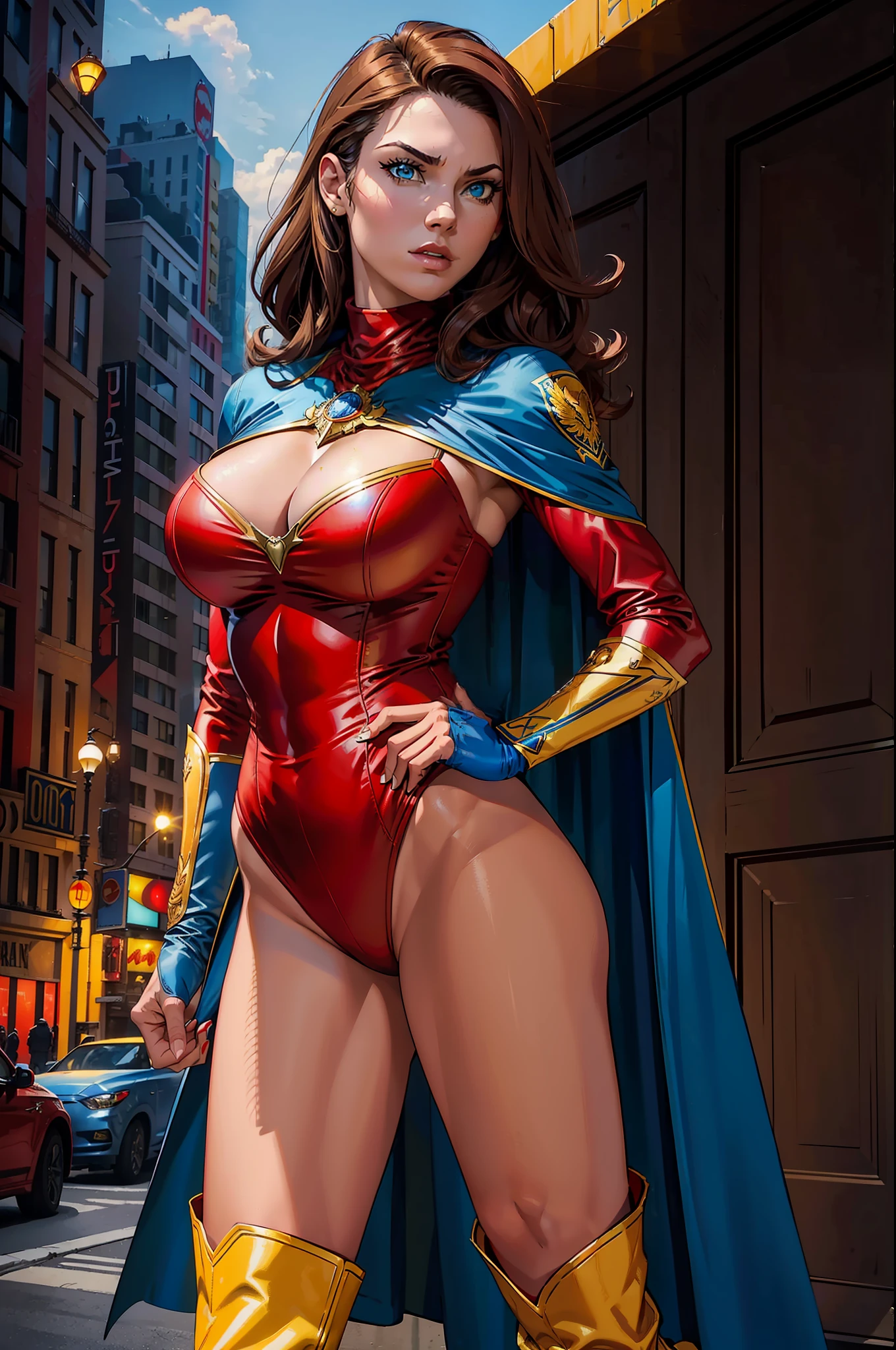 ((best quality)), ((masterpiece)), ((ultra realistic)), (dynamic heroic pose), american, beautiful detailed face, detailed eyes, sexy reporter, (dressed in a red turtleneck leotard), new york city backdrop, highly detailed, professional, bare legs, (full body costume design), hands on hip, standing, brown hair, medium hair, green eyes, matching boots, (long blue sleeves with red cuffs), (yellow hawk-shaped crest engraved on chest), blue cape, cowboy shot, (yellow thigh-high boots), cleavage cutout,