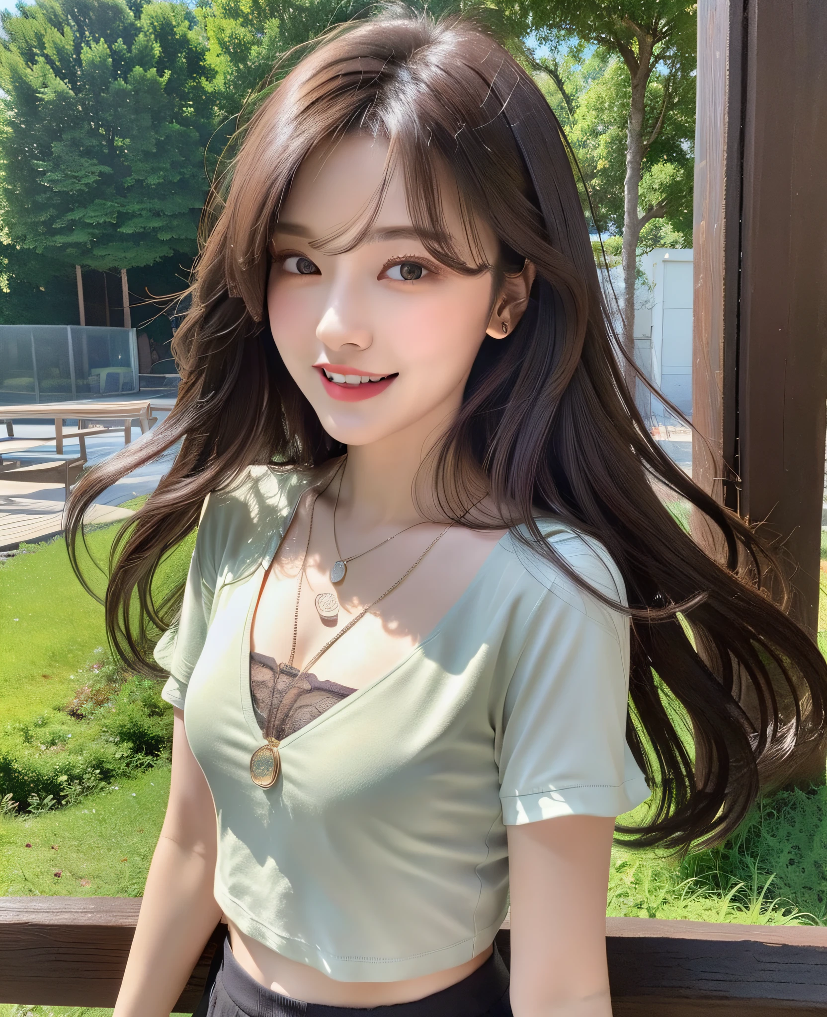 (Best quality, high resolution, Masterpiece: 1.3), a beautiful woman with a slender figure, (dark brown layered hairstyle), wearing a pendant, t-shirt, white skirt, outdoors, scenic beauty, lakes and mountains in distant background, details in face and skin texture beautifully rendered, details eyes, (best quality, high resolution, masterpiece: 1.3), a beautiful woman with a slim figure, (dark brown layered hairstyle), wearing pendant, t-shirt, white midskirt, outdoors, background random, details in face and skin texture beautifully rendered, detail eyes, double eyelids, seductive laugh, feminine laugh, seductive pose