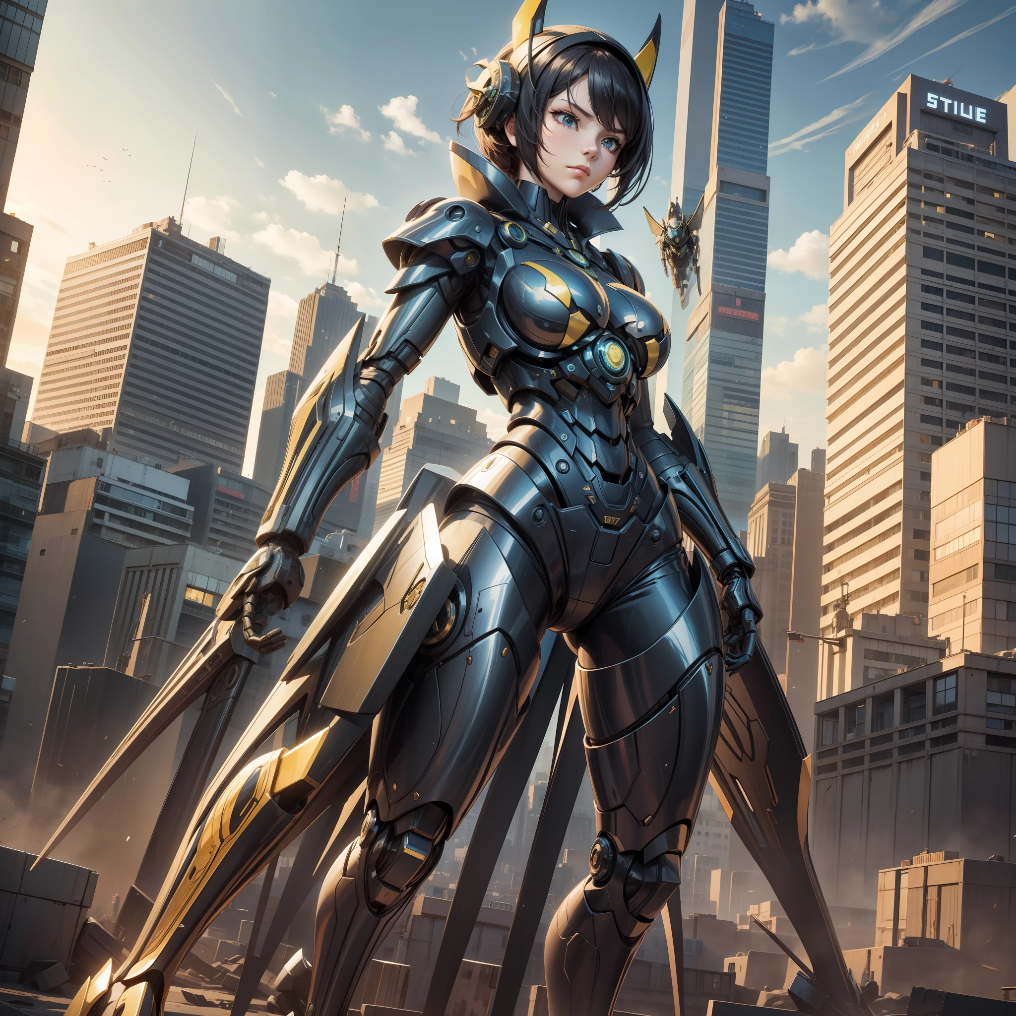A girl, whose body is mechanically modified, poses in battle, facing the camera, full body shot, ruined city, four mechanical beetles