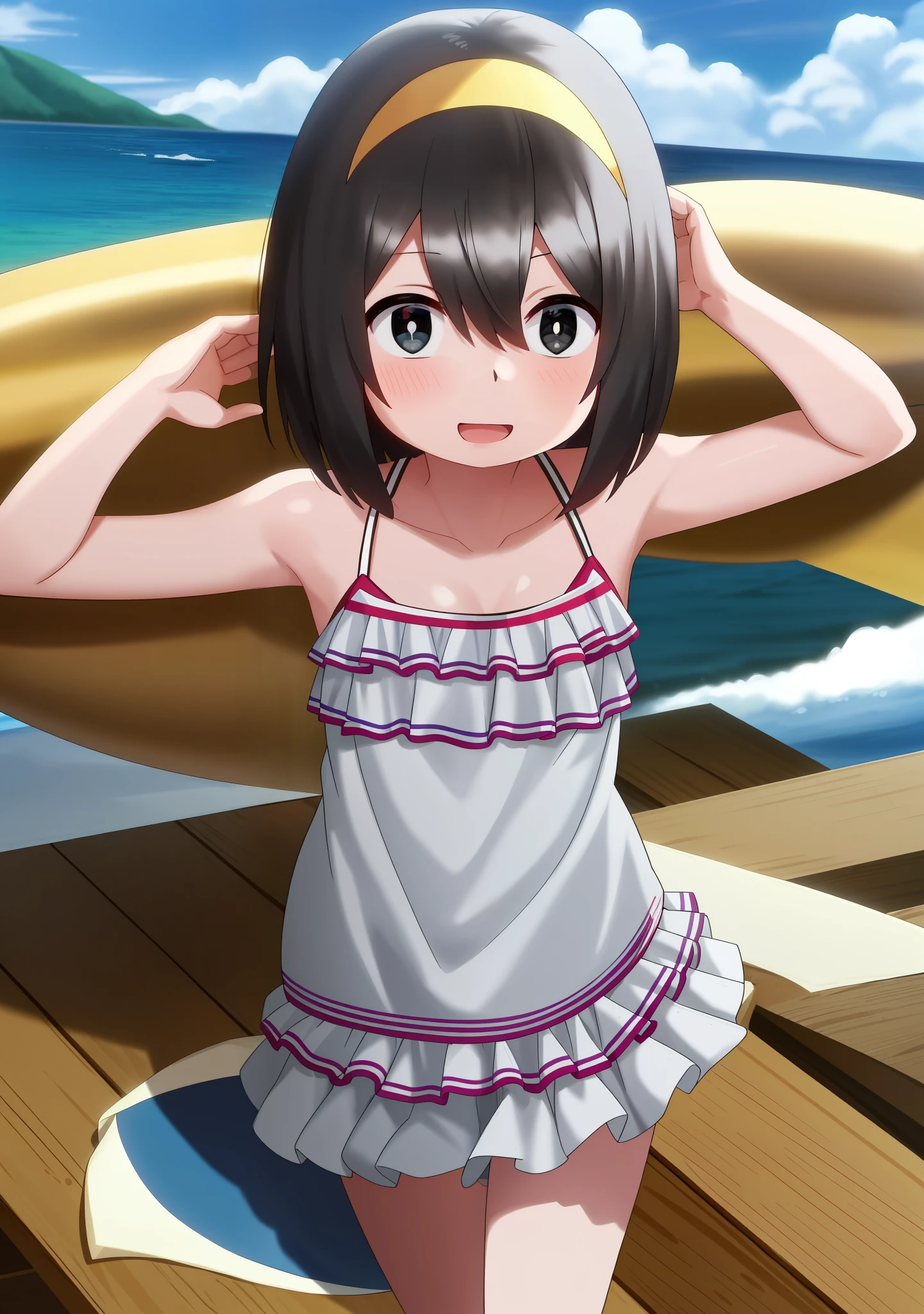 Nishimura akane, young,
((1girl)), ((solo)), short hair, black hair, black eyes, white pupils, smile, beach, sea, sky, cloud, swimsut, looking at viewer, hair between eyes, cowboy shot, facing viewer, yellow hairband, hair cover one eye, 1:5, shy, blush, cute pose, stocking, skull symbol,