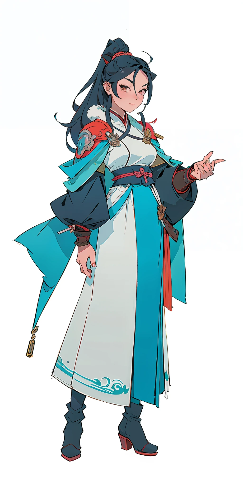 An ancient Chinese woman, gentle expression, full body, amazing facial features, gorgeous Hanfu long skirt, furry cape, intricate design, boots, game model, stunning lighting, C4D, OC rendering, movie edge light, light delicate, masterpiece, super detail, epic composition, super HD, high quality, highest quality, 32k