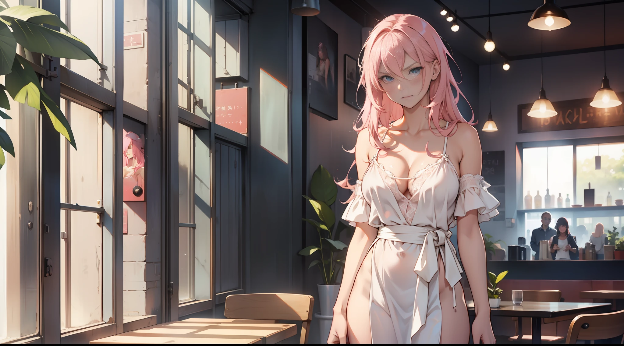 A girl, long pink hair, white slip dress, delicate face, thin waist, milky skin, sexy, clear cleavage, inside the café, standing, surprised, slightly frowning