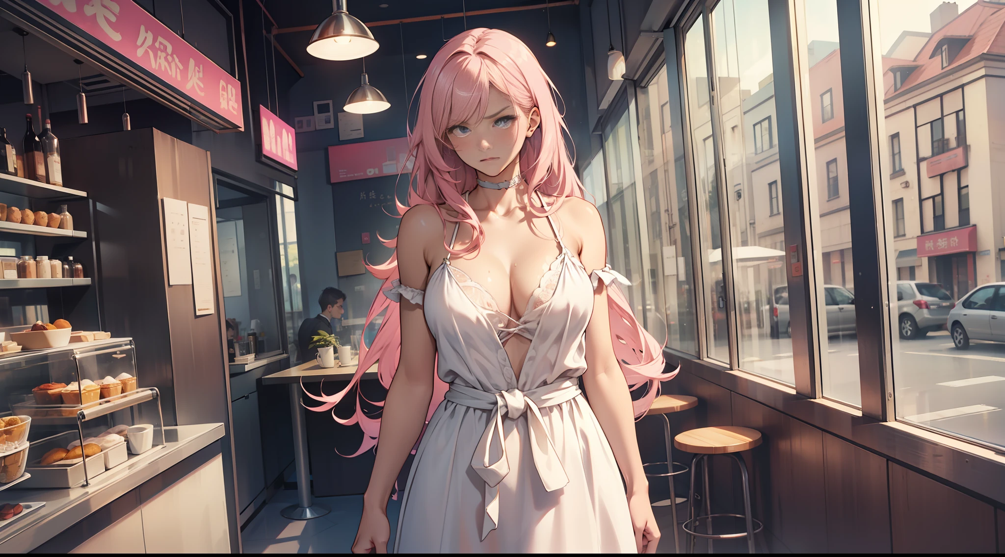 A girl, long pink hair, white slip dress, delicate face, thin waist, milky skin, sexy, clear cleavage, inside the café, standing, surprised, slightly frowning