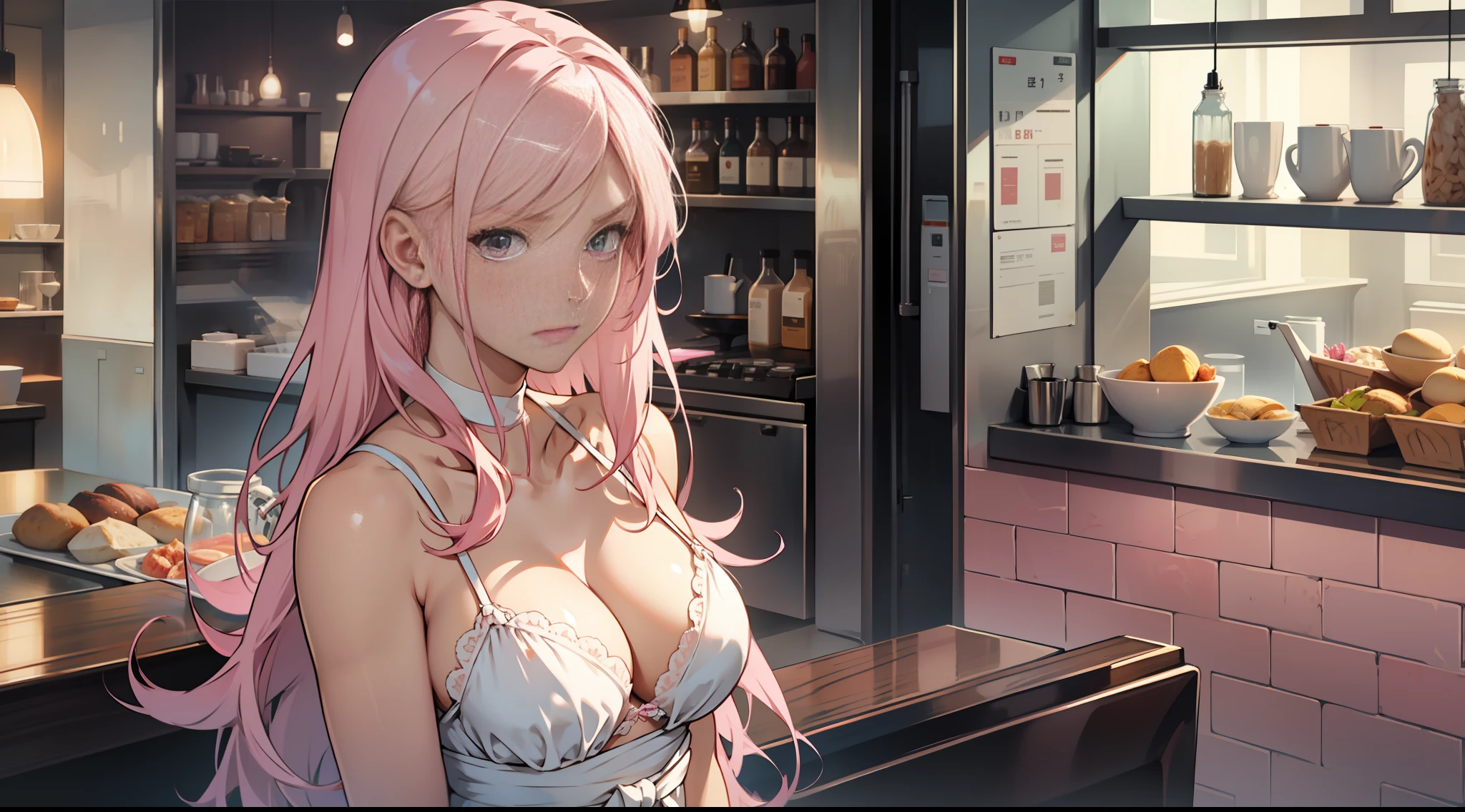 A girl, long pink hair, white slip dress, delicate face, thin waist, milky skin, sexy, clear cleavage, inside the café, standing, surprised, slightly frowning