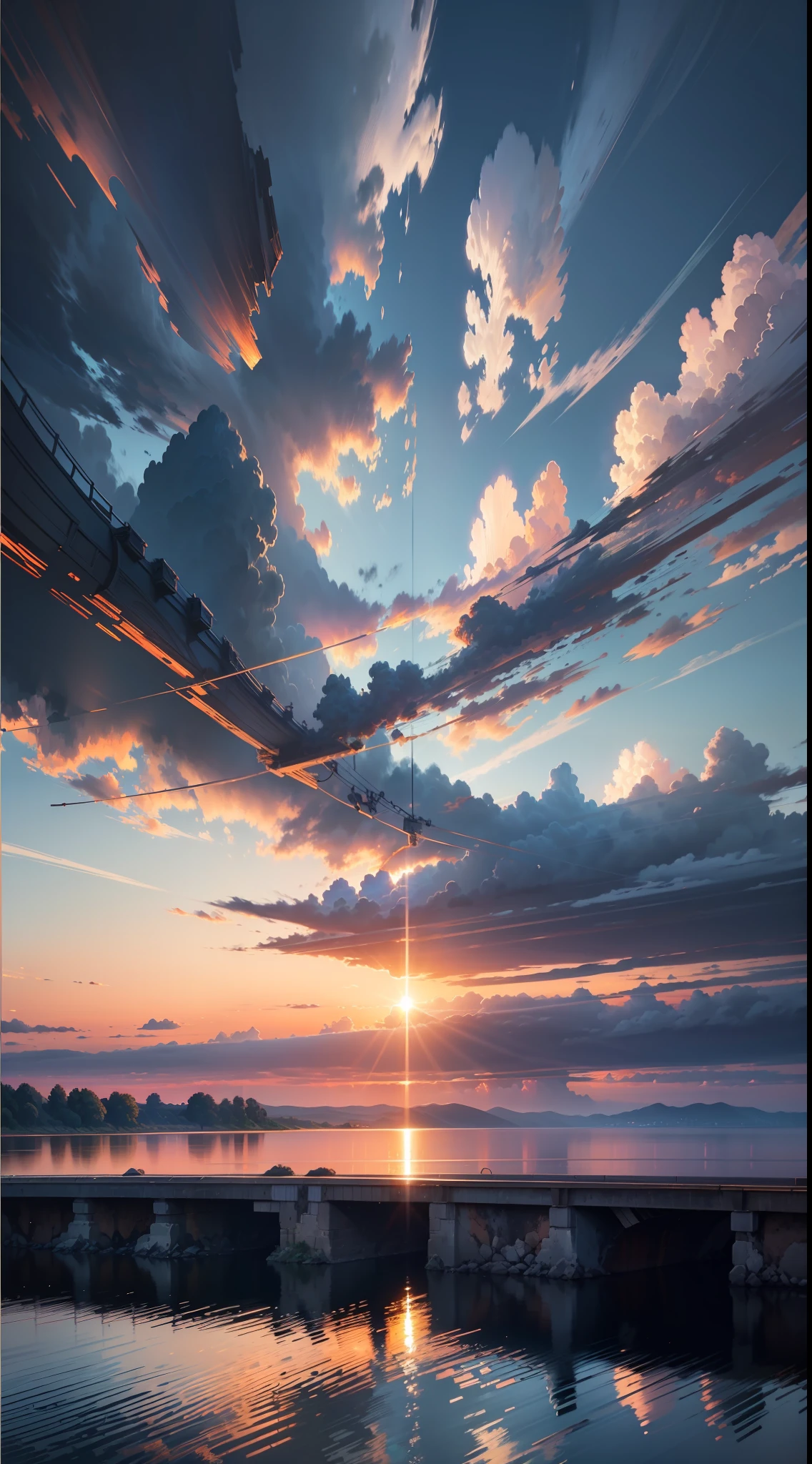 sunset, landscape, water, (very detailed CG unity 8k wallpaper), the most beautiful artwork in the world, professional majestic oil painting, intricate, high detail, clear focus, dramatic, realistic painting art, blue sky.