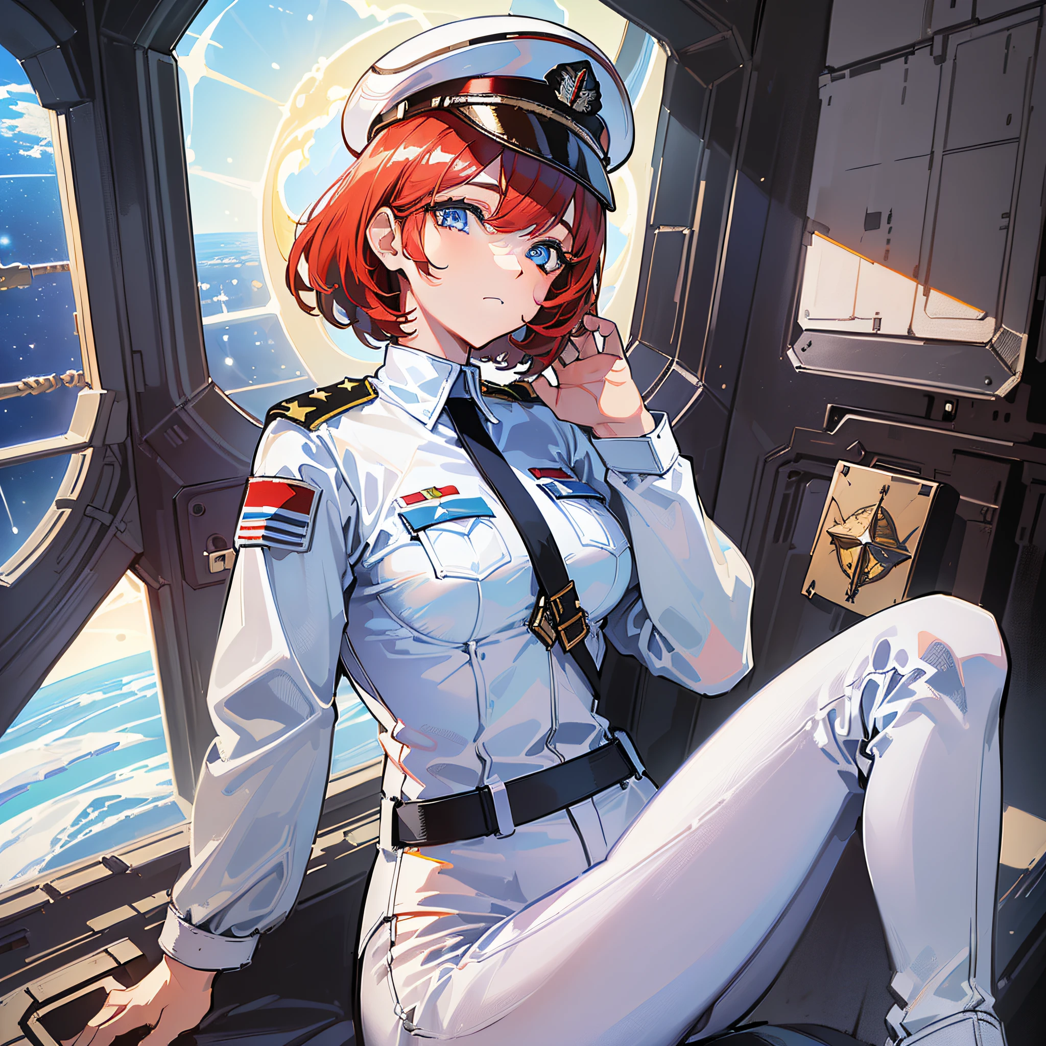 ((Masterpiece)), ((highest image quality)), ((highest image quality)), (illustration of one girl), full body, short red hair, (thin hair hanging down both sides of the face), blue eyes, ((tall)), muscular strong body, (((manspreading)), ((military uniform)), ((military hat)), (white clothes), (white pants), (white hat), ((inside the spaceship)), (outside the window, space, Earth seen from space)