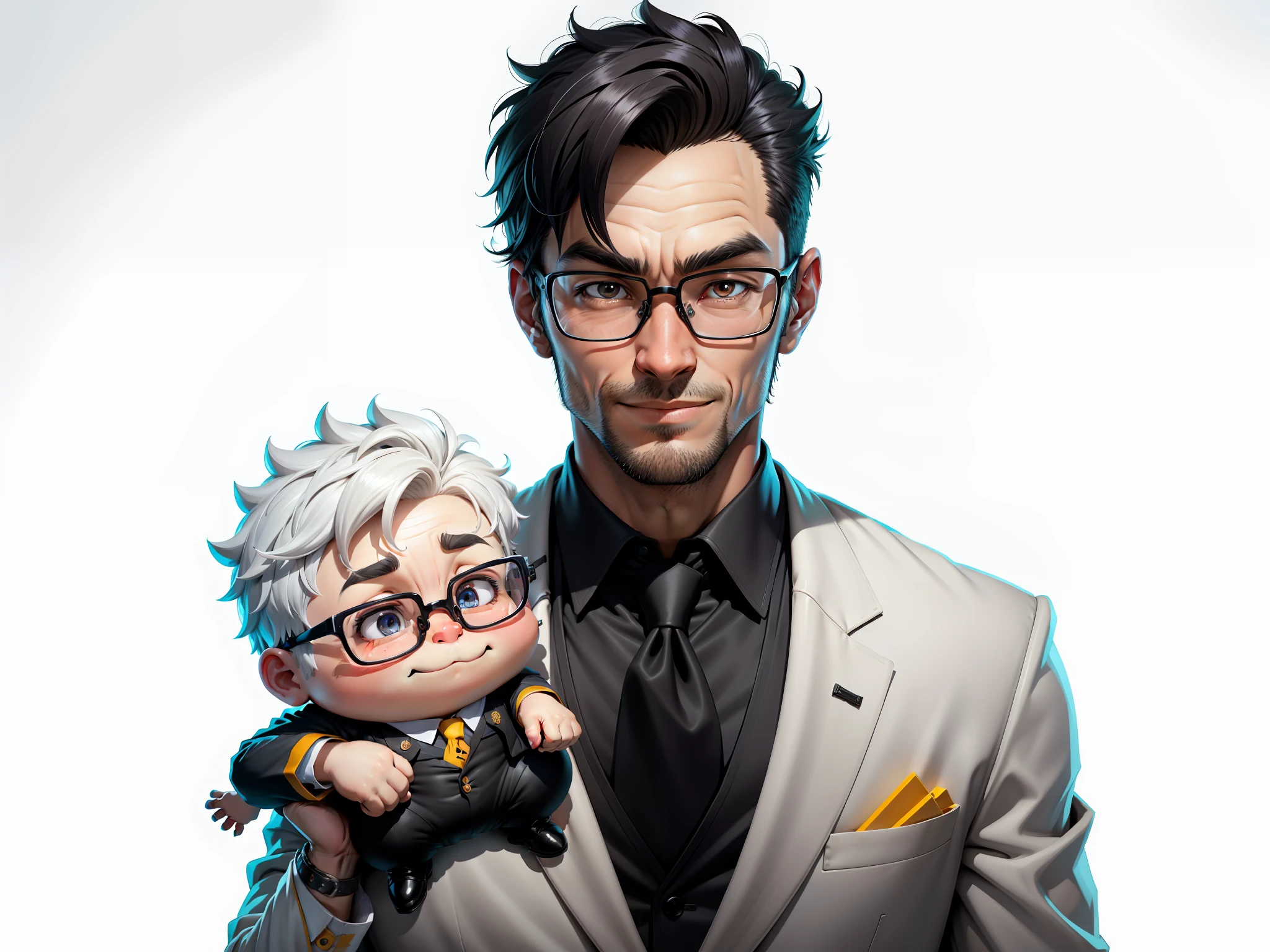 Super young man 30 years old,Silver glasses,The face is slightly fat,The face is very clean,No whiskers,Black super short hair,Black eyes,black suit,Blue tie,Smile confidently,digtial painting,the movie,3D character design by Mark Clairdon and Pixar and Hayao Miyazaki,The illustration is a high-definition illustration in 4K resolution,With very detailed facial features and cartoon-style visuals。